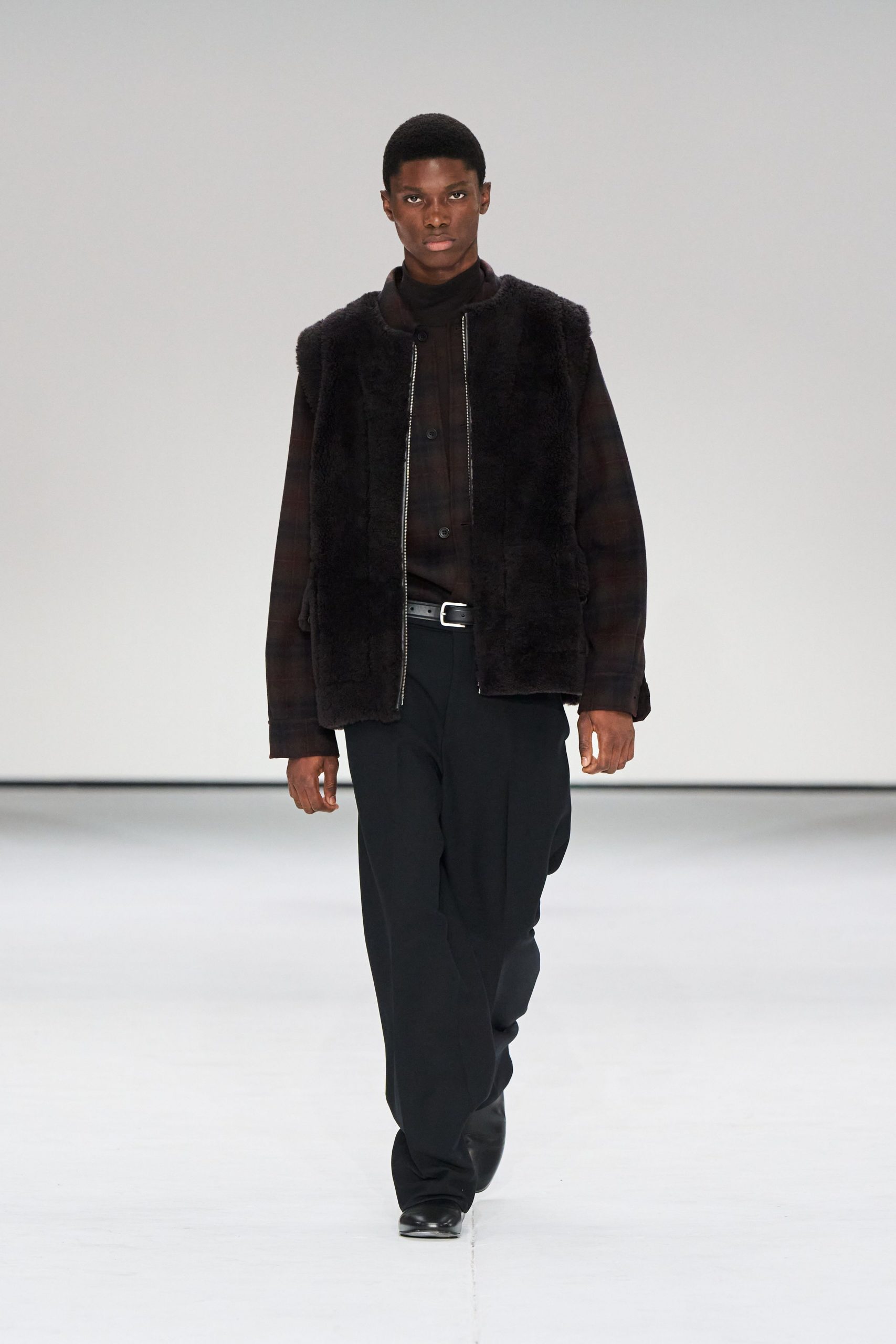 black faux-fur jacket with checked shirt