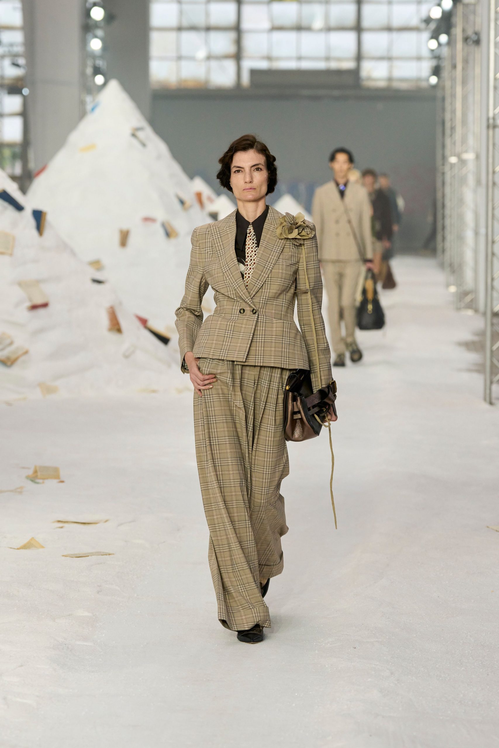 beige checked tailored suit