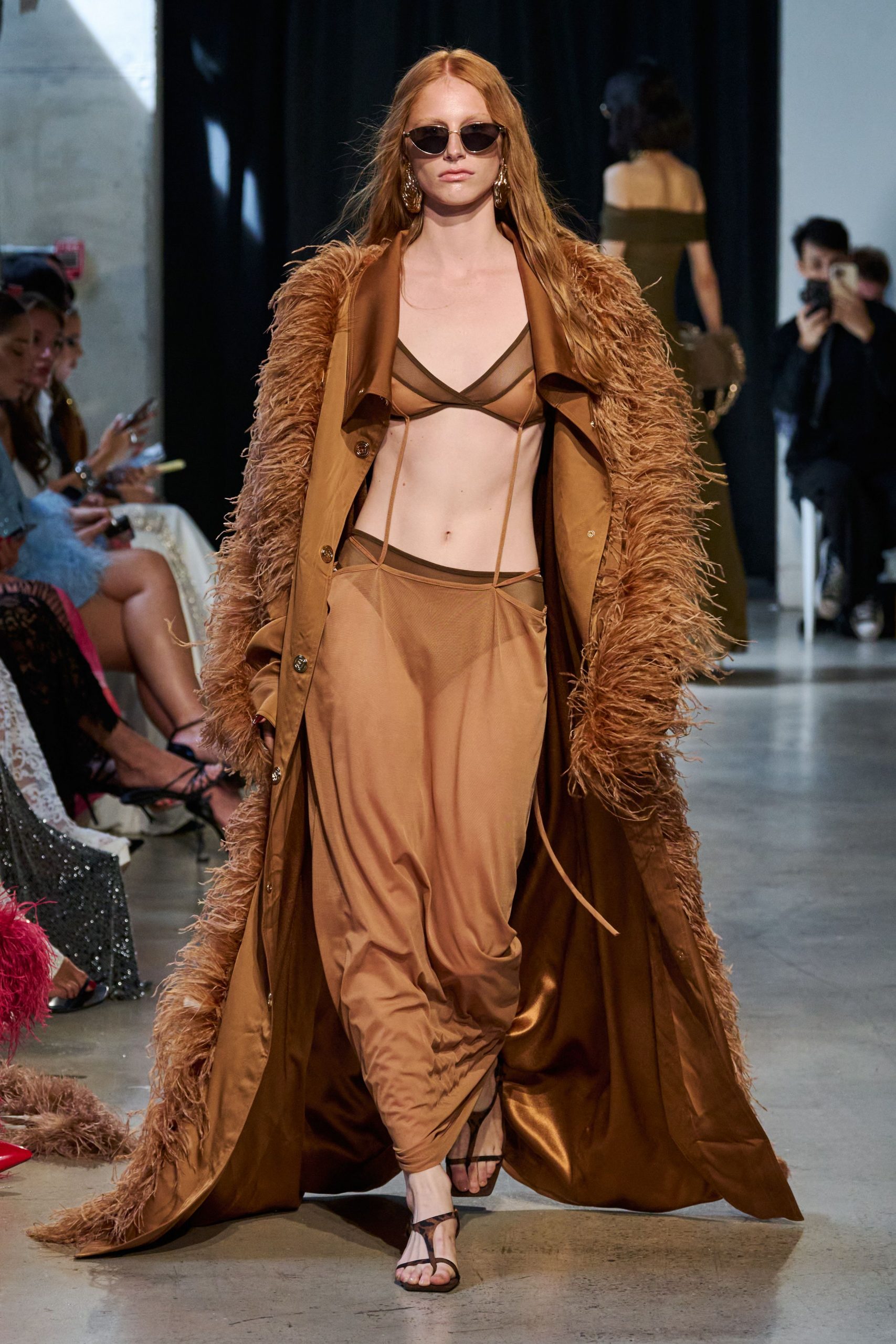 brown silk fitted layered midi skirt