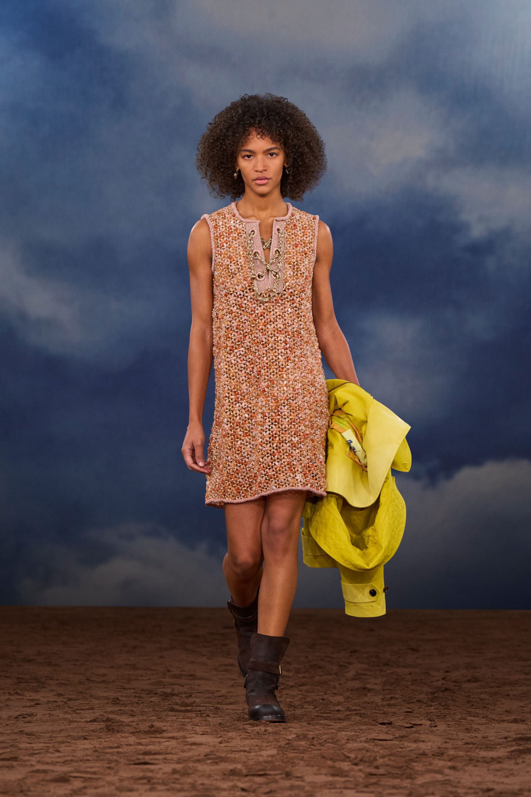 orange beige sleeveless mini dress with yellow jacket