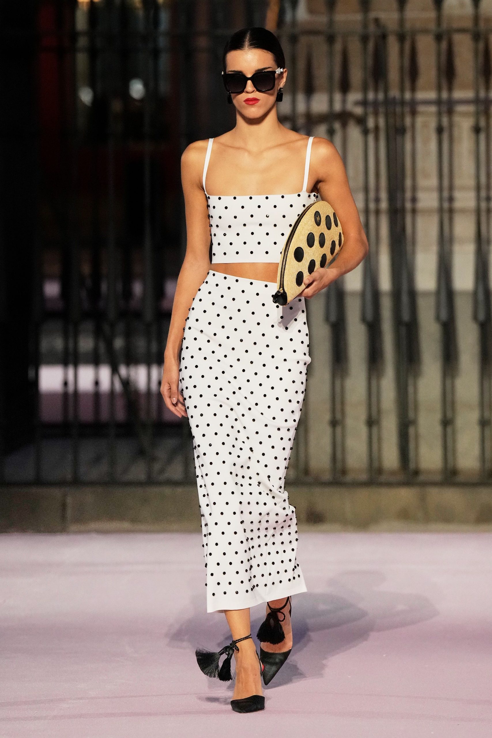 polka-dot crop top and midi skirt