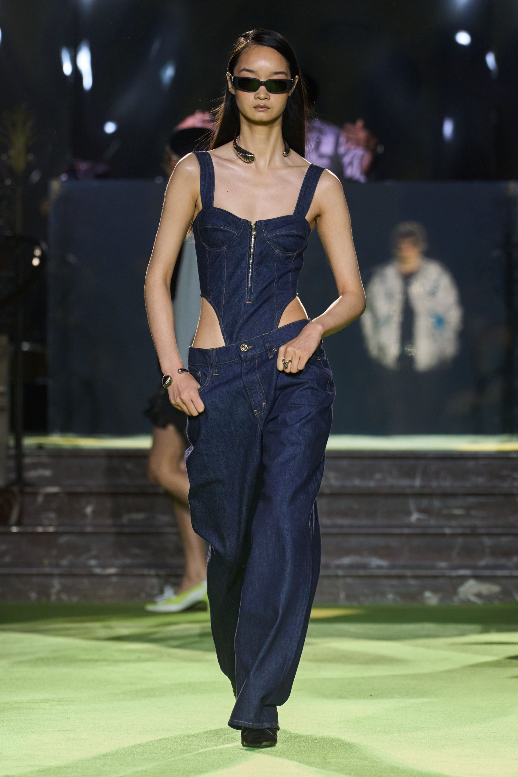 blue denim sleeveless v-neck fitted zippered jumpsuit