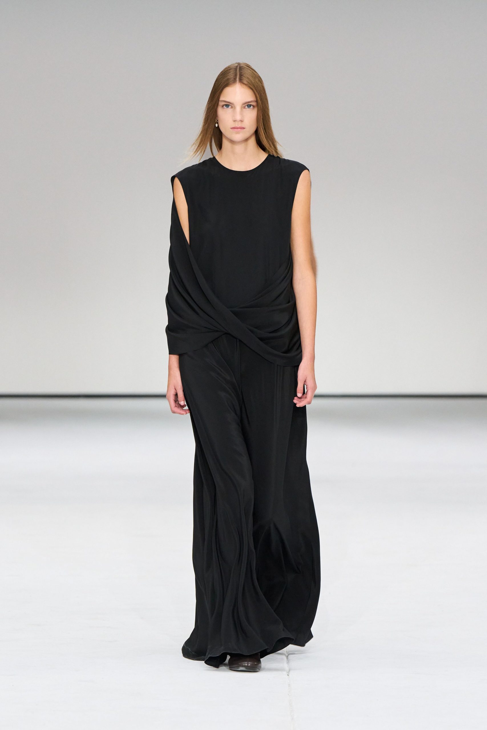 black silk sleeveless relaxed draped flowing jumpsuit