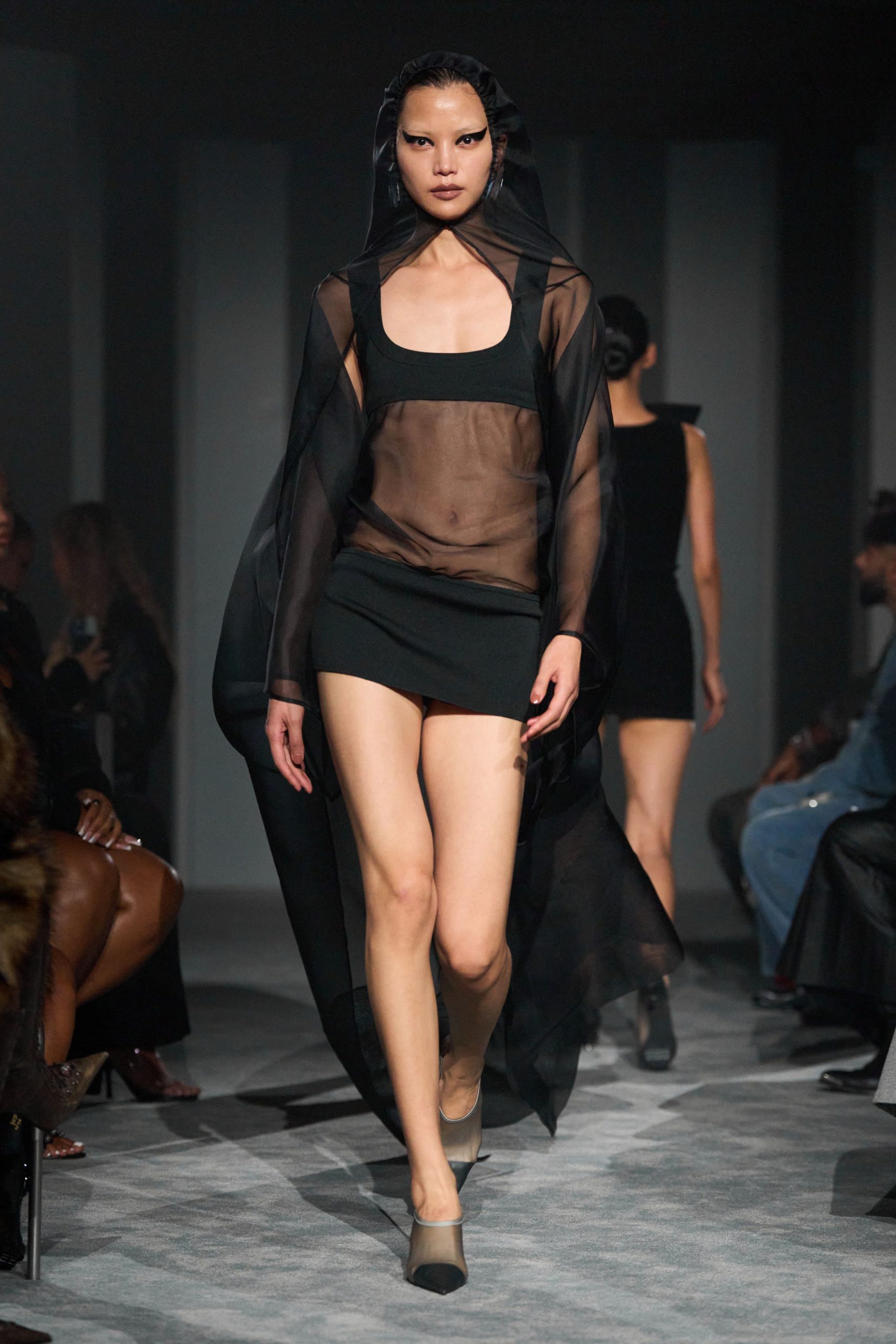 black mesh long-sleeve relaxed draped cape