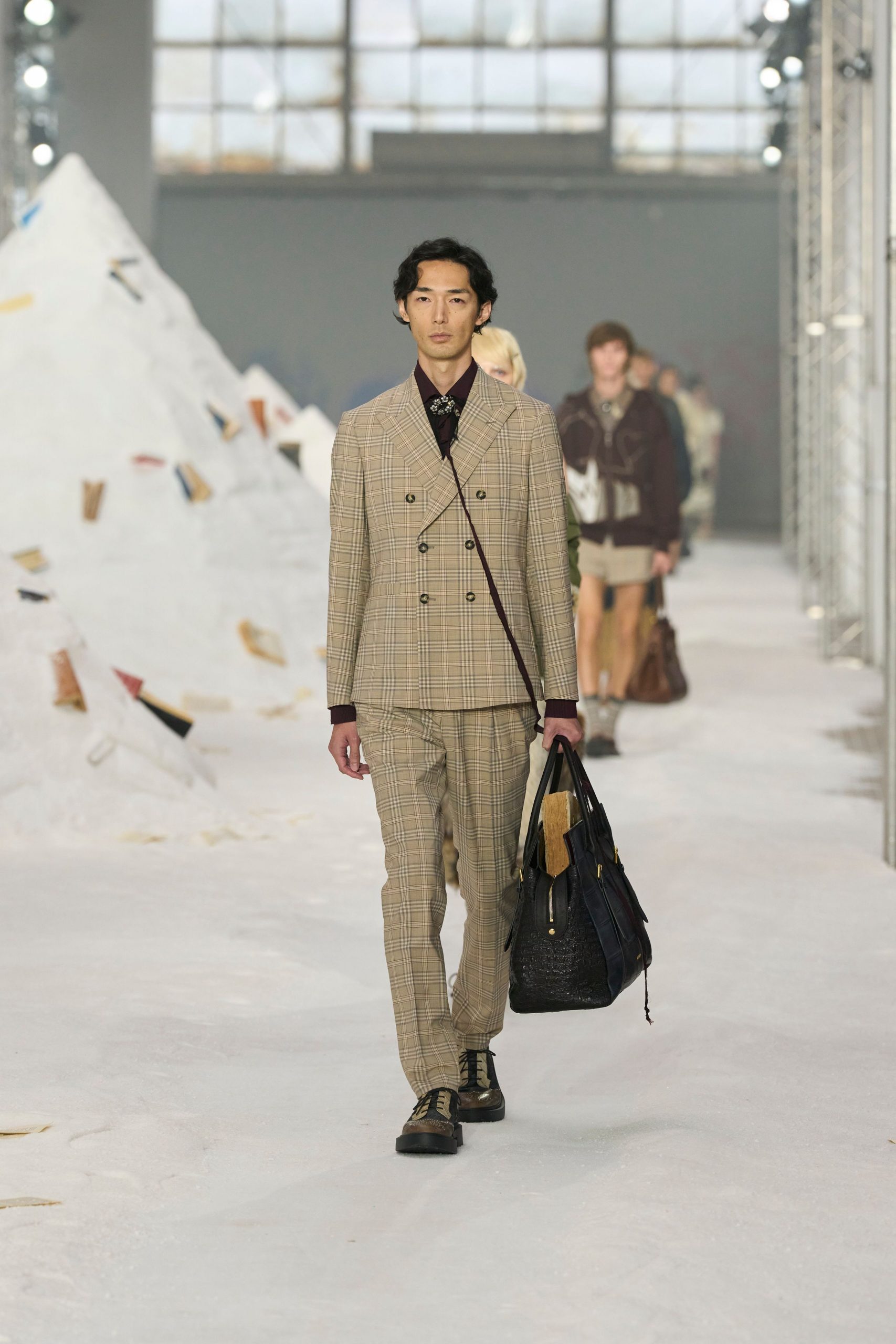 beige checked tailored suit