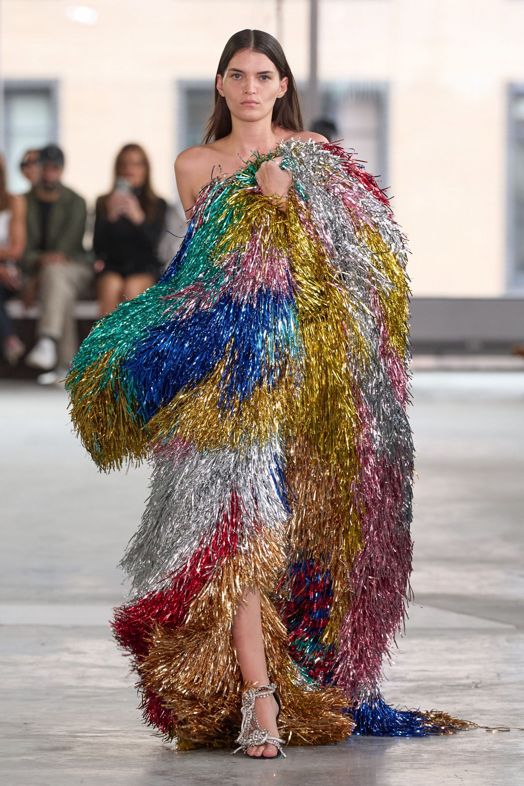 multi metallic sleeveless fitted fringed shiny maxi gown