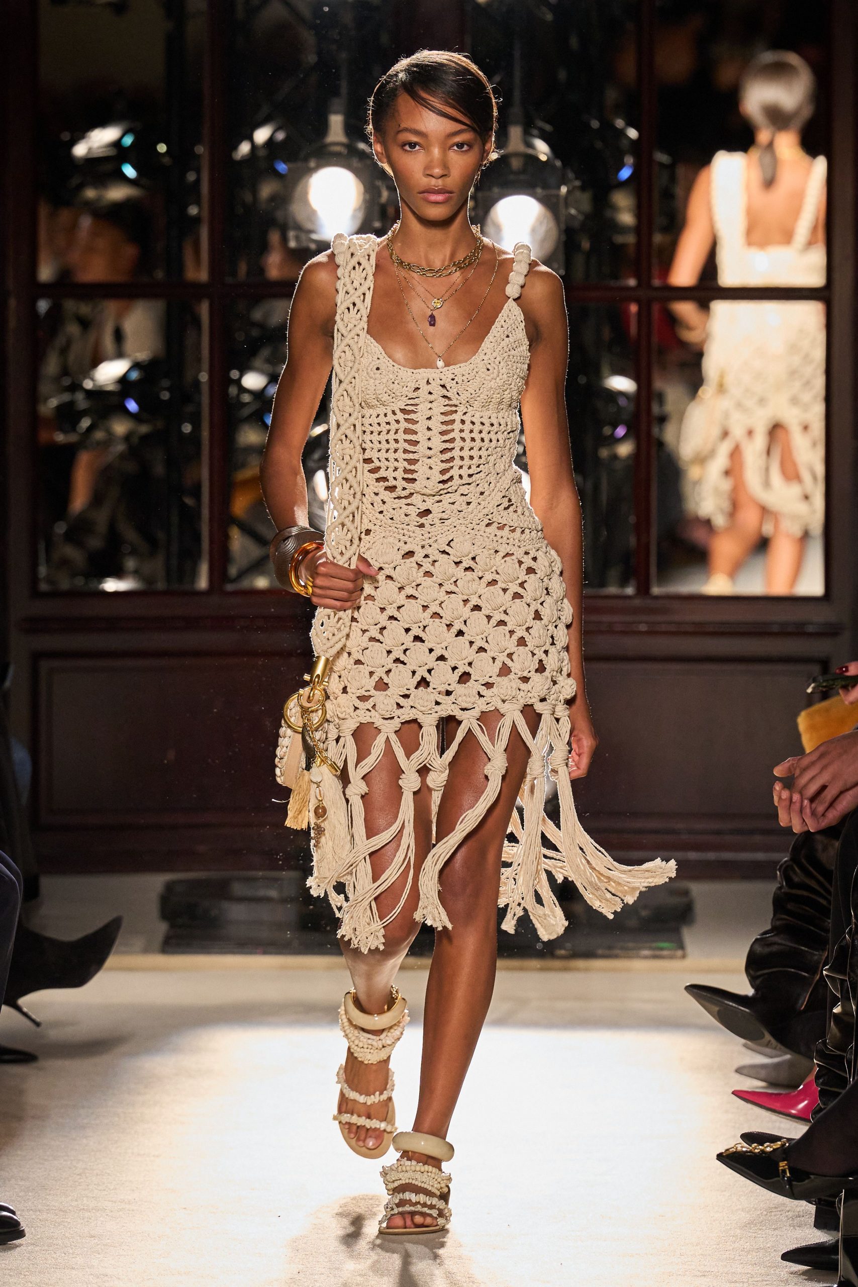 beige crochet sleeveless v-neck fitted fringed mini dress