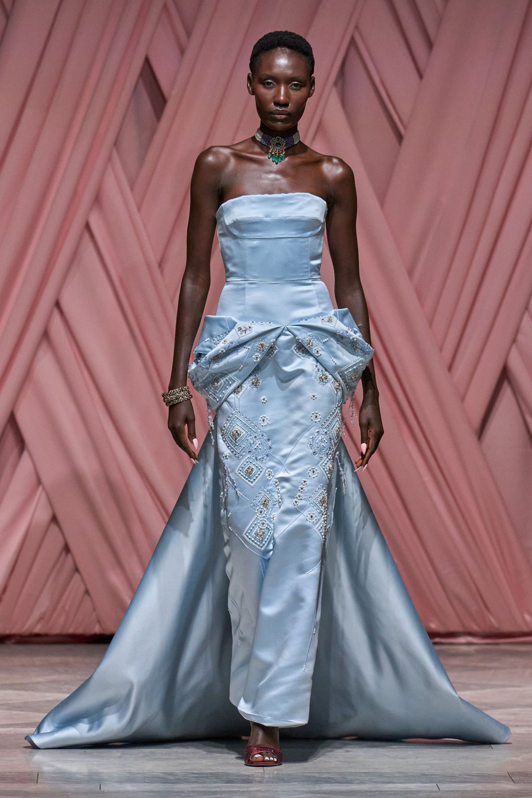 blue silk strapless fitted embroidered tiered flowing gown