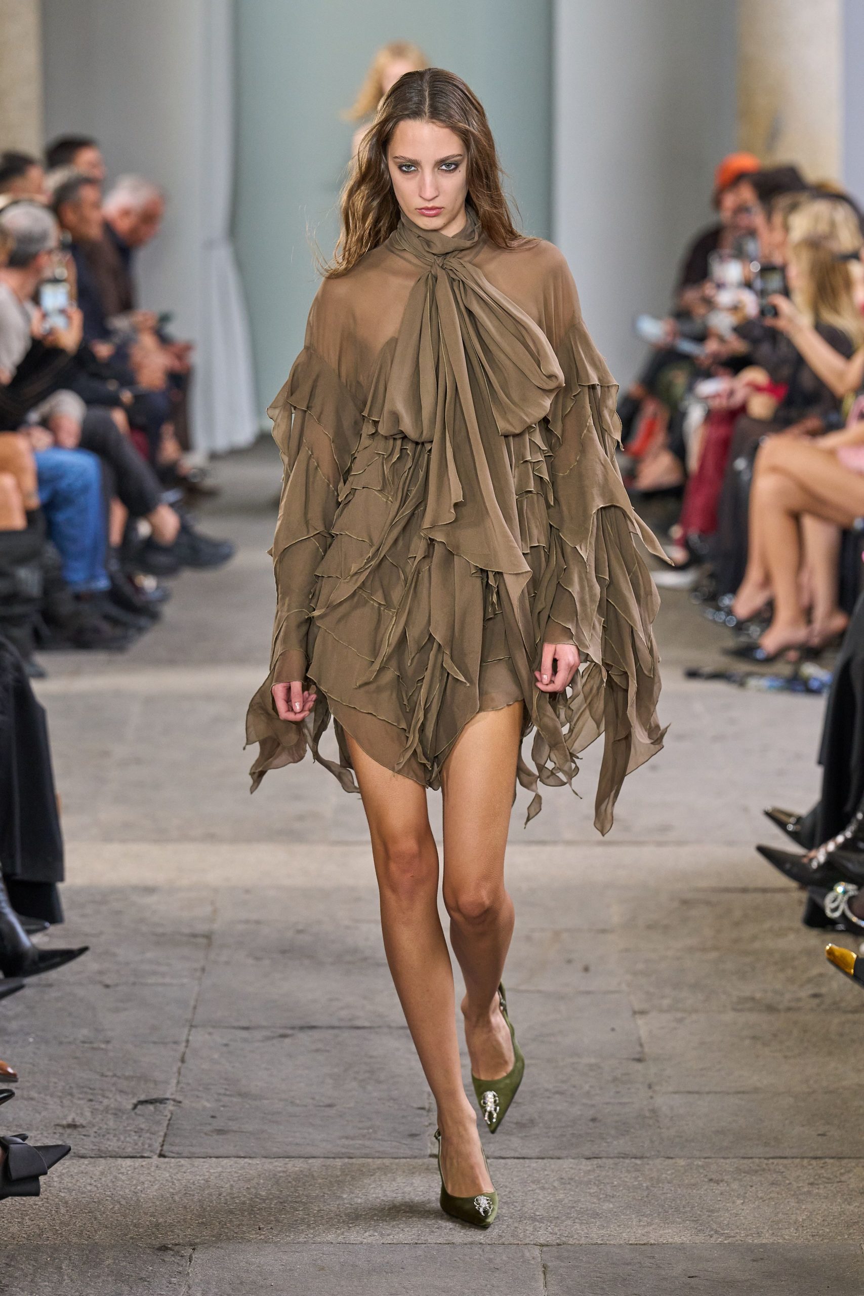 brown silk long-sleeve collared relaxed ruffled flowing dress