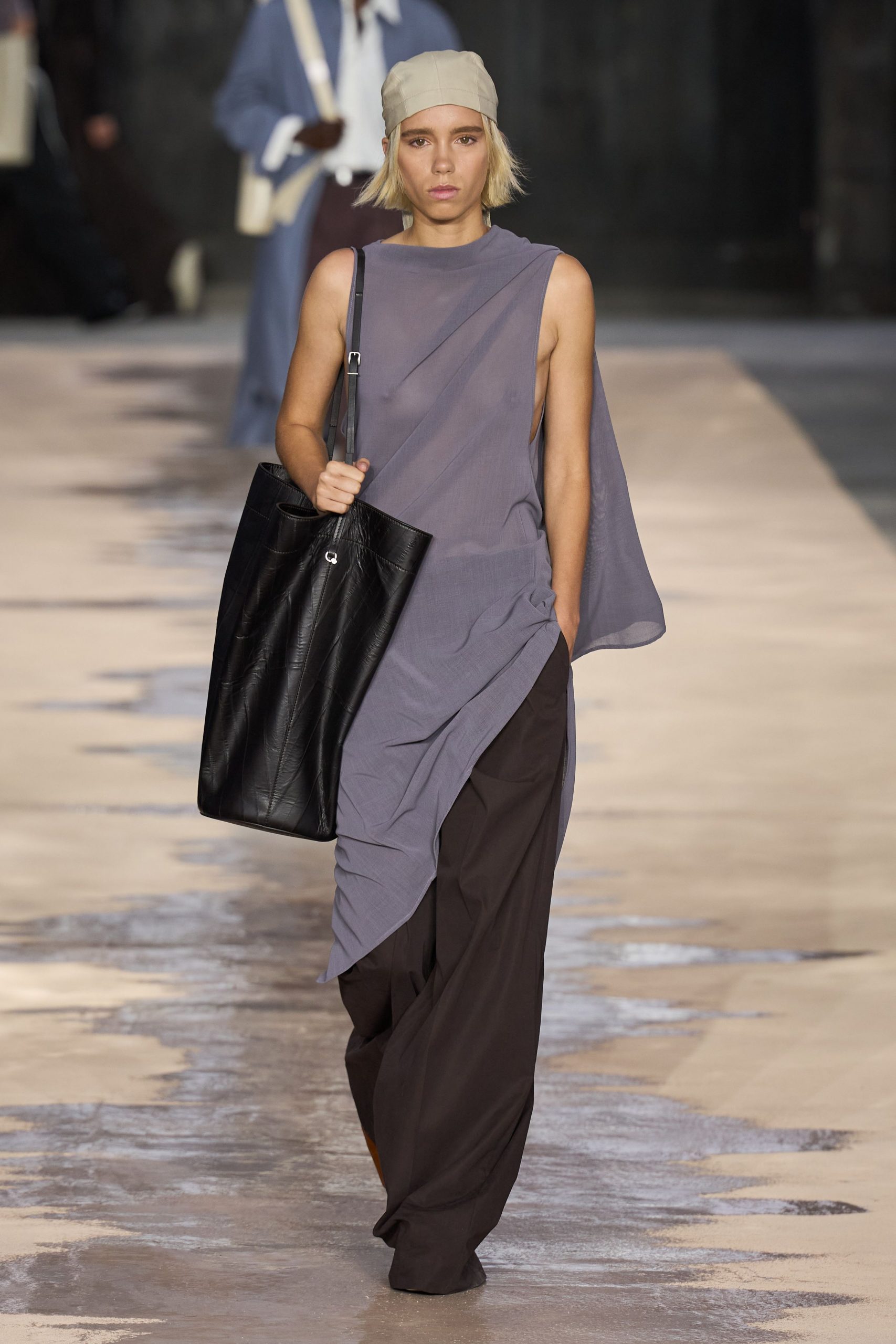 gray chiffon sleeveless asymmetric relaxed draped flowing top