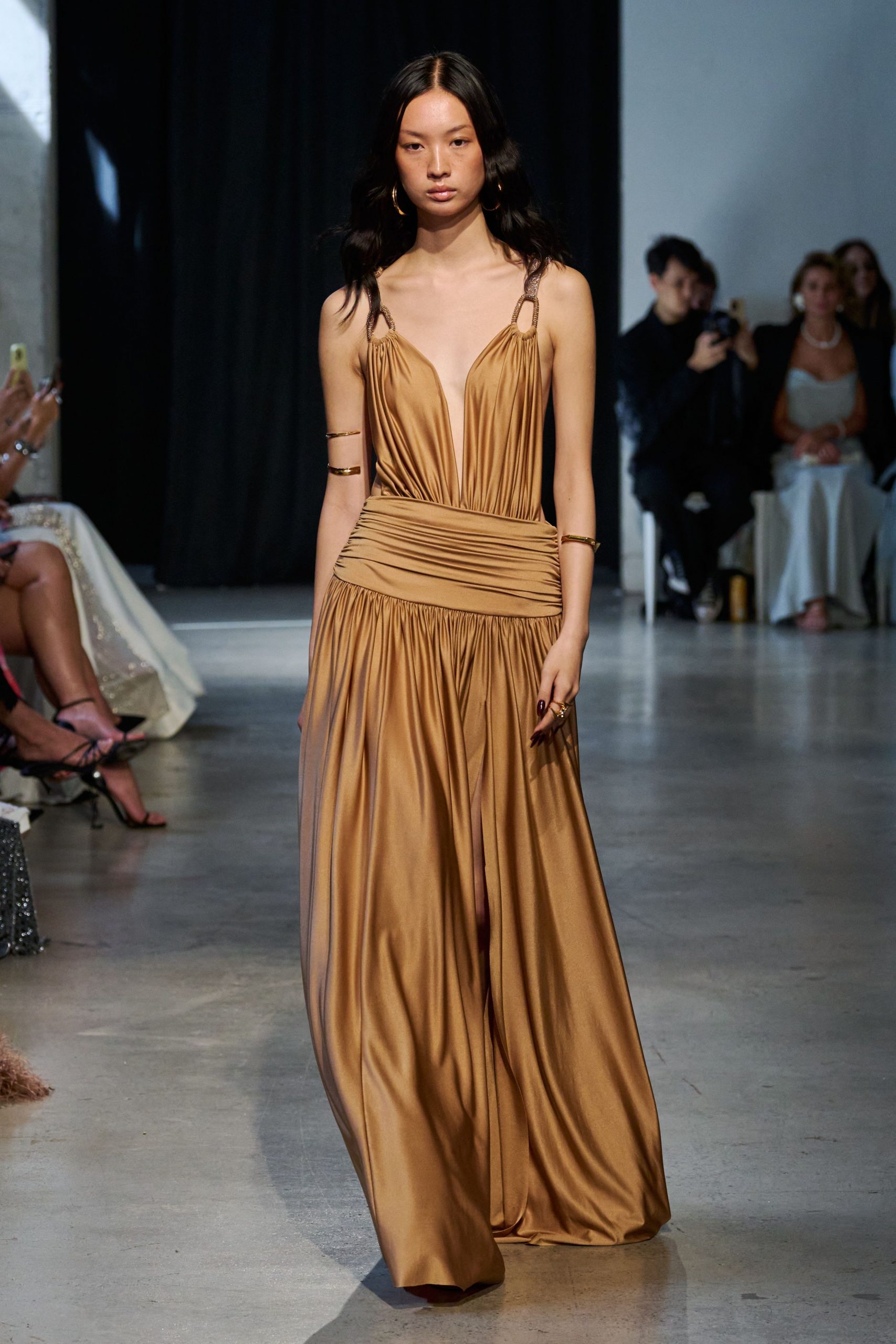 gold silk sleeveless gown