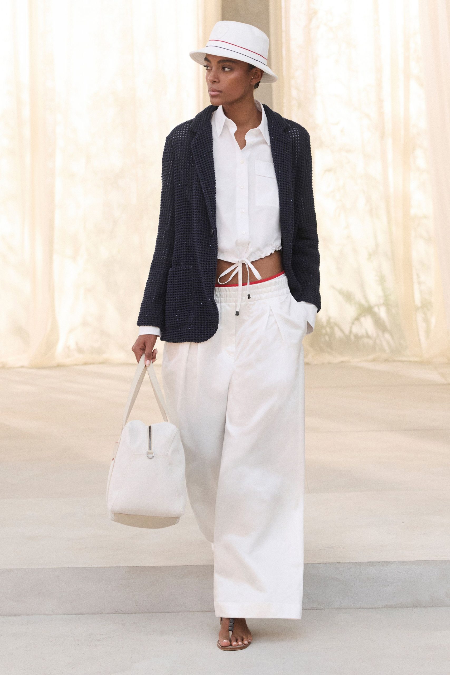navy blazer white shirt wide-leg pants