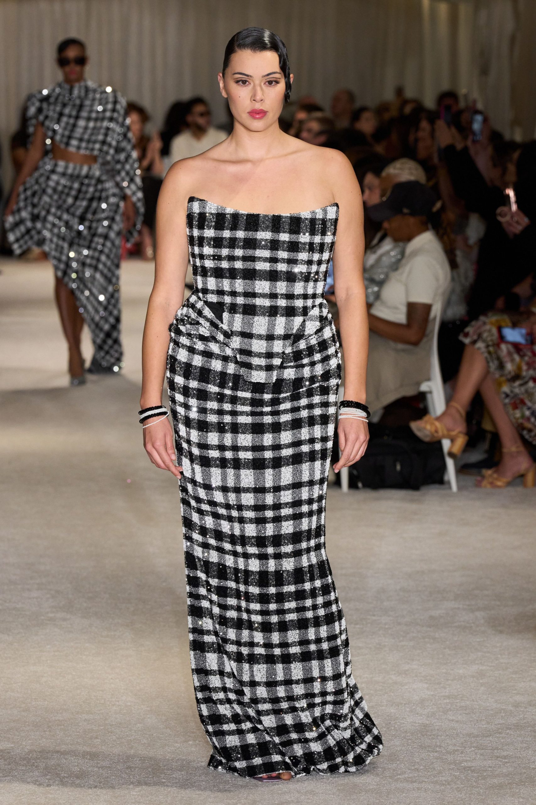 black and white plaid gown