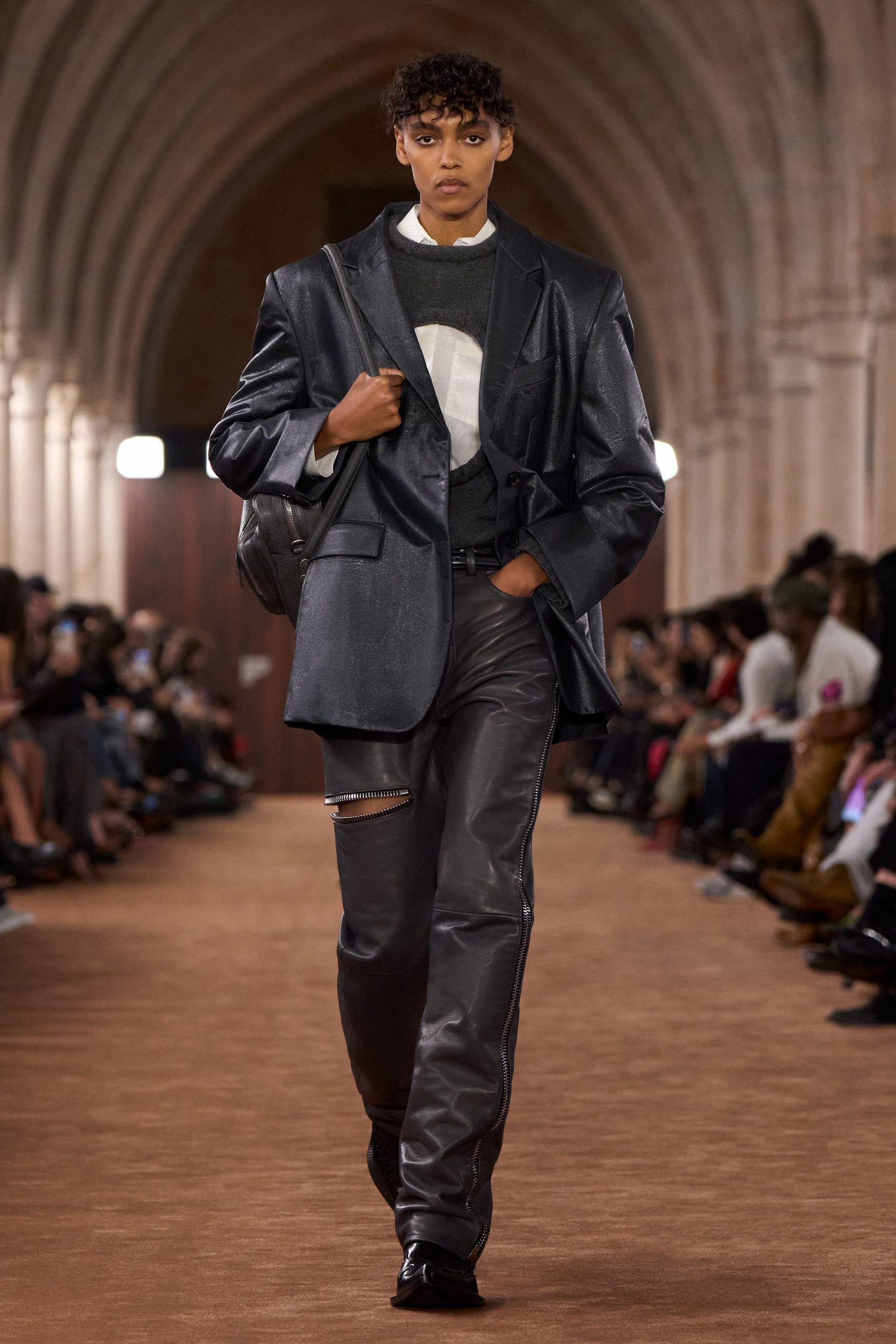 black vinyl long-sleeve collared structured buttoned shiny blazer