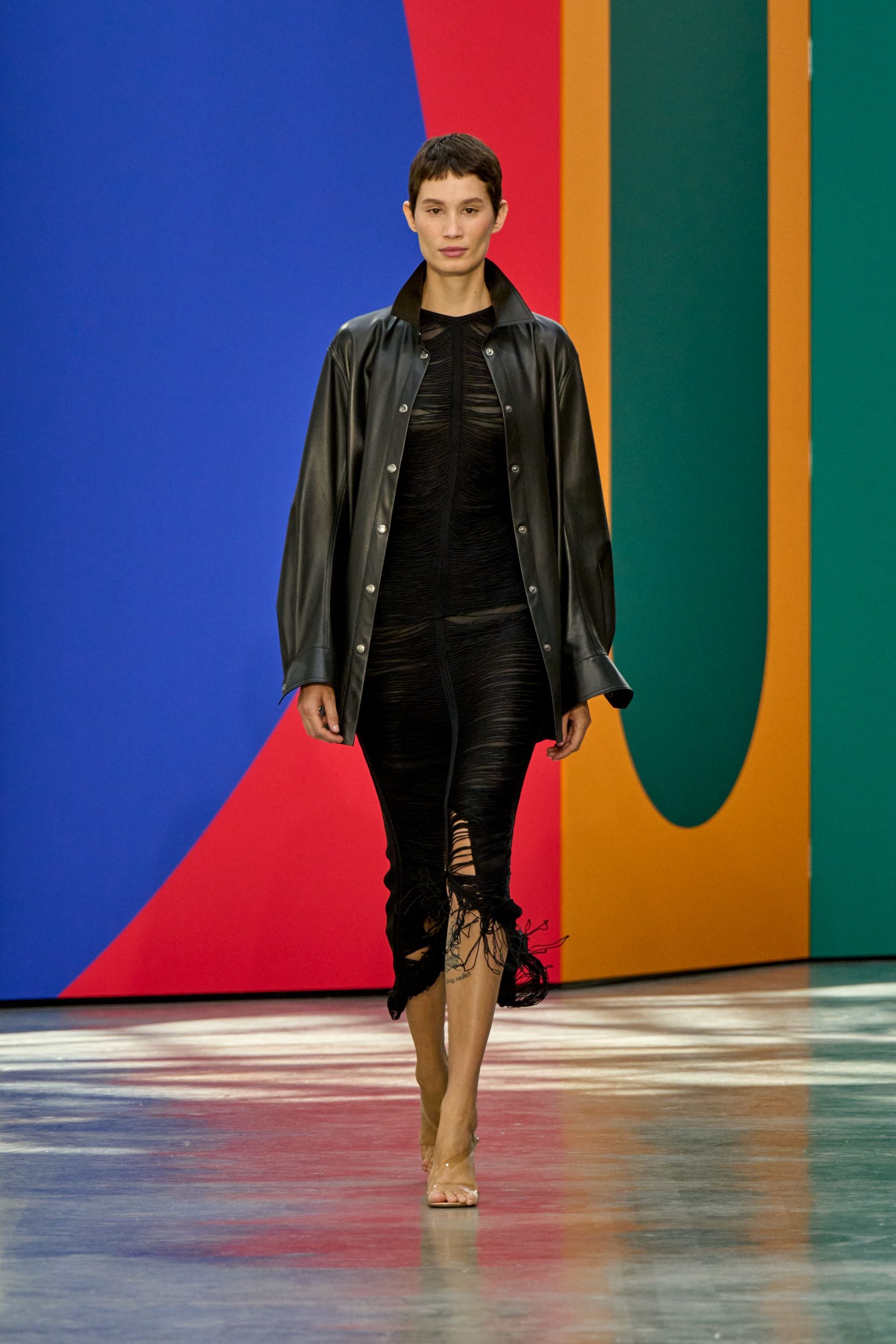 black leather dress with oversized jacket