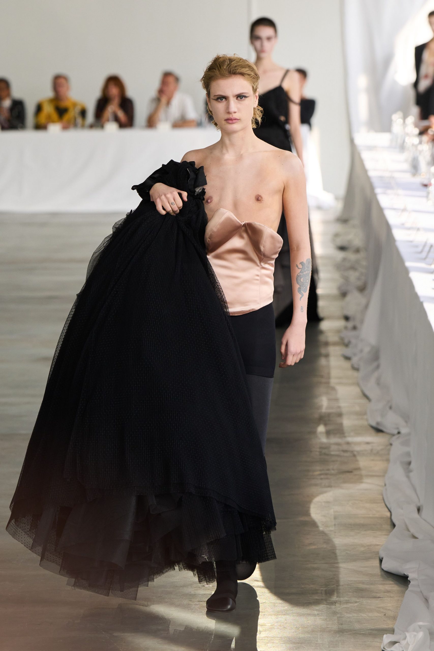 black tulle strapless fitted layered maxi gown