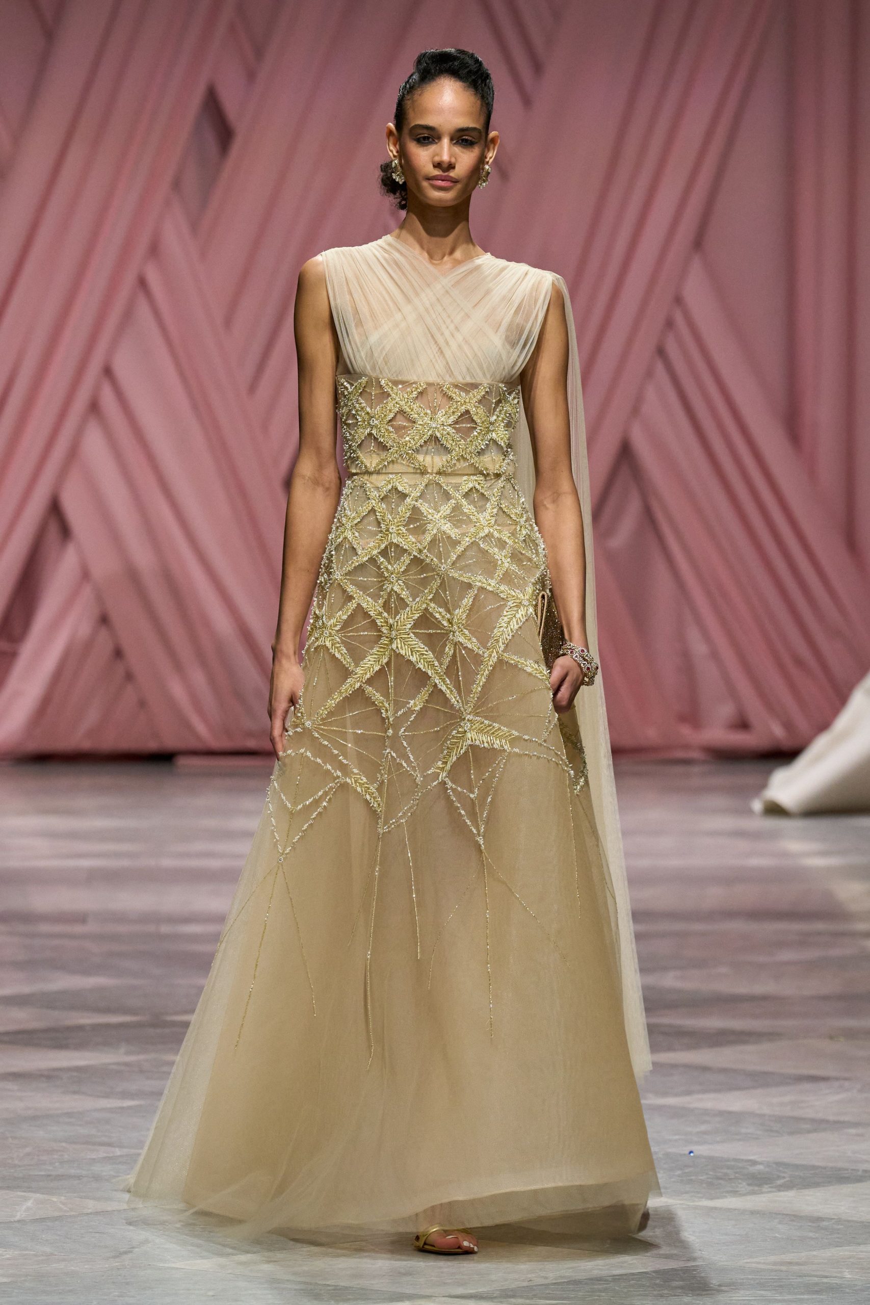 beige tulle sleeveless high-neck fitted embroidered layered gown