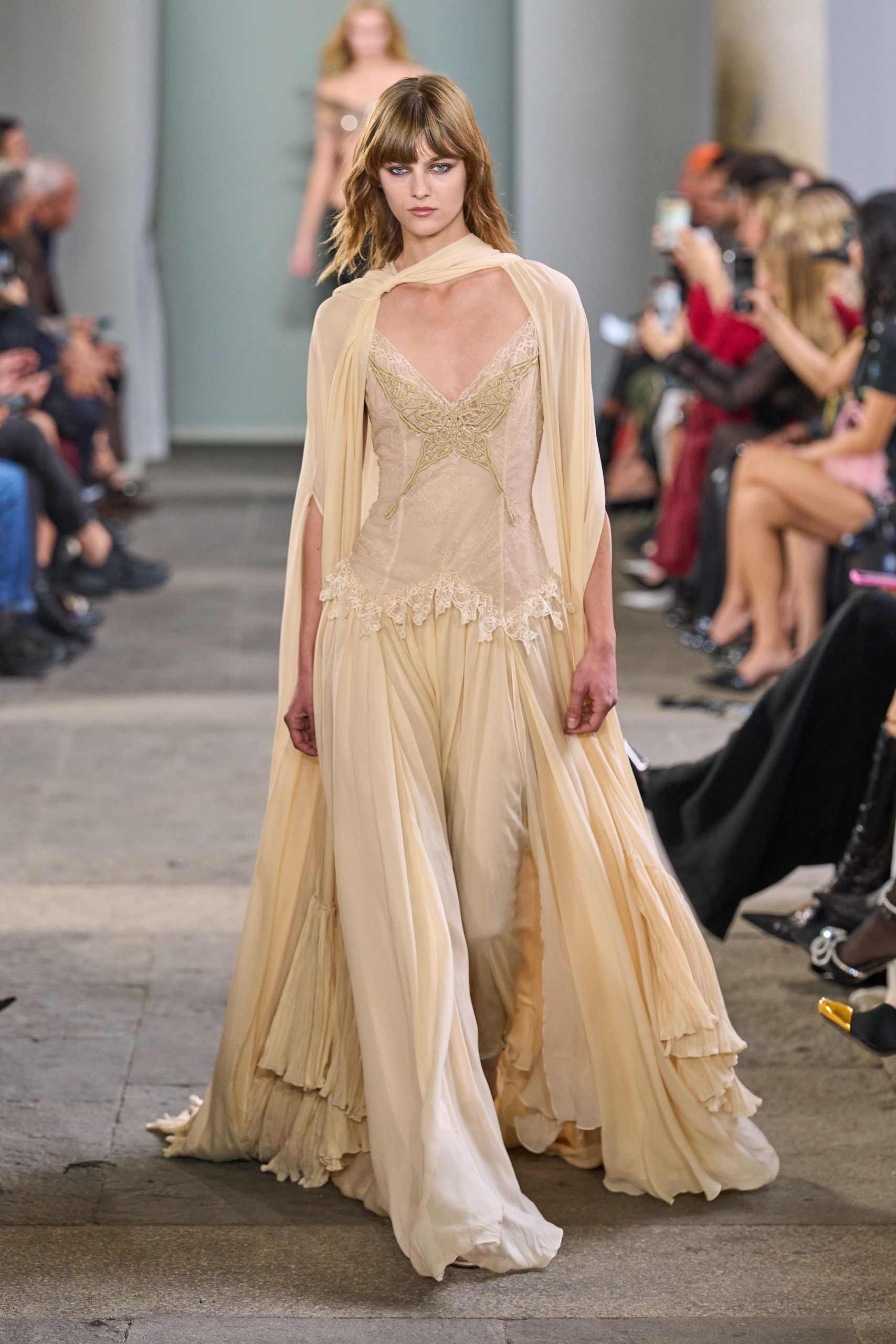 beige silk gown with cape