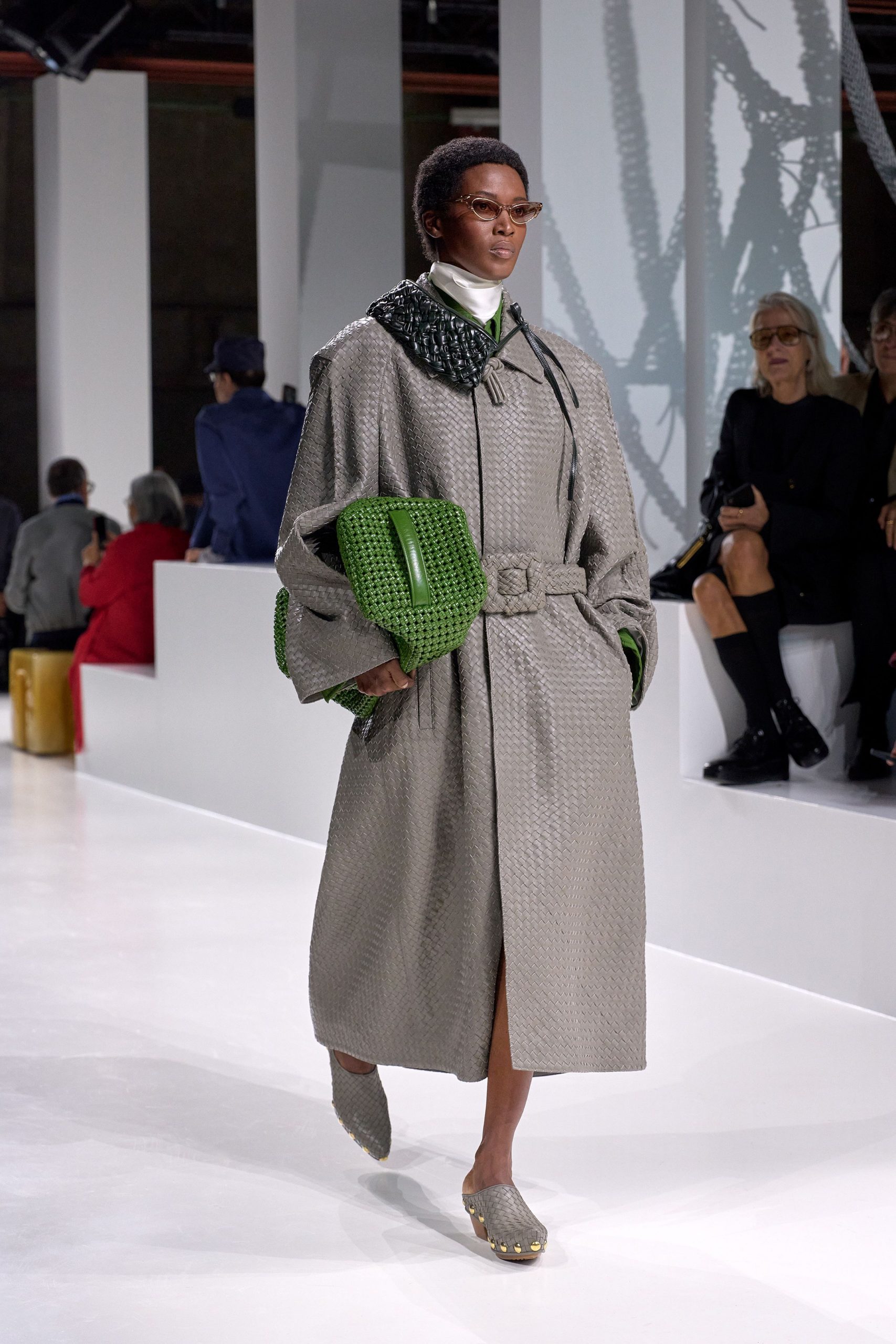 gray cotton long-sleeve collared relaxed textured midi coat