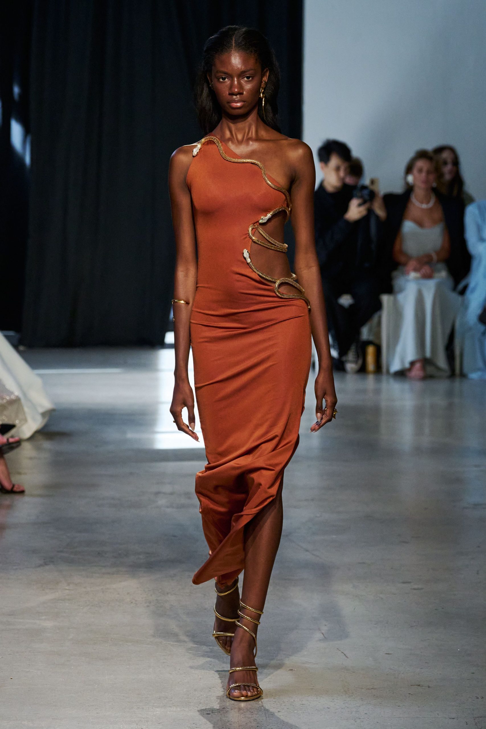 orange silk sleeveless asymmetric fitted ruched midi dress