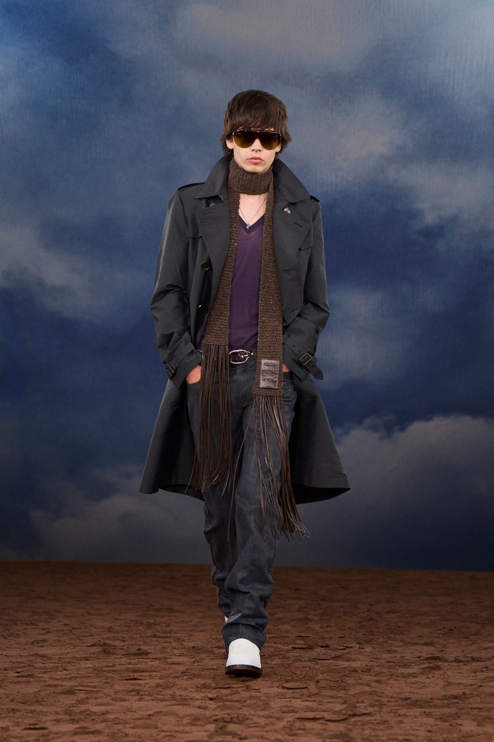 black trench coat with purple t-shirt