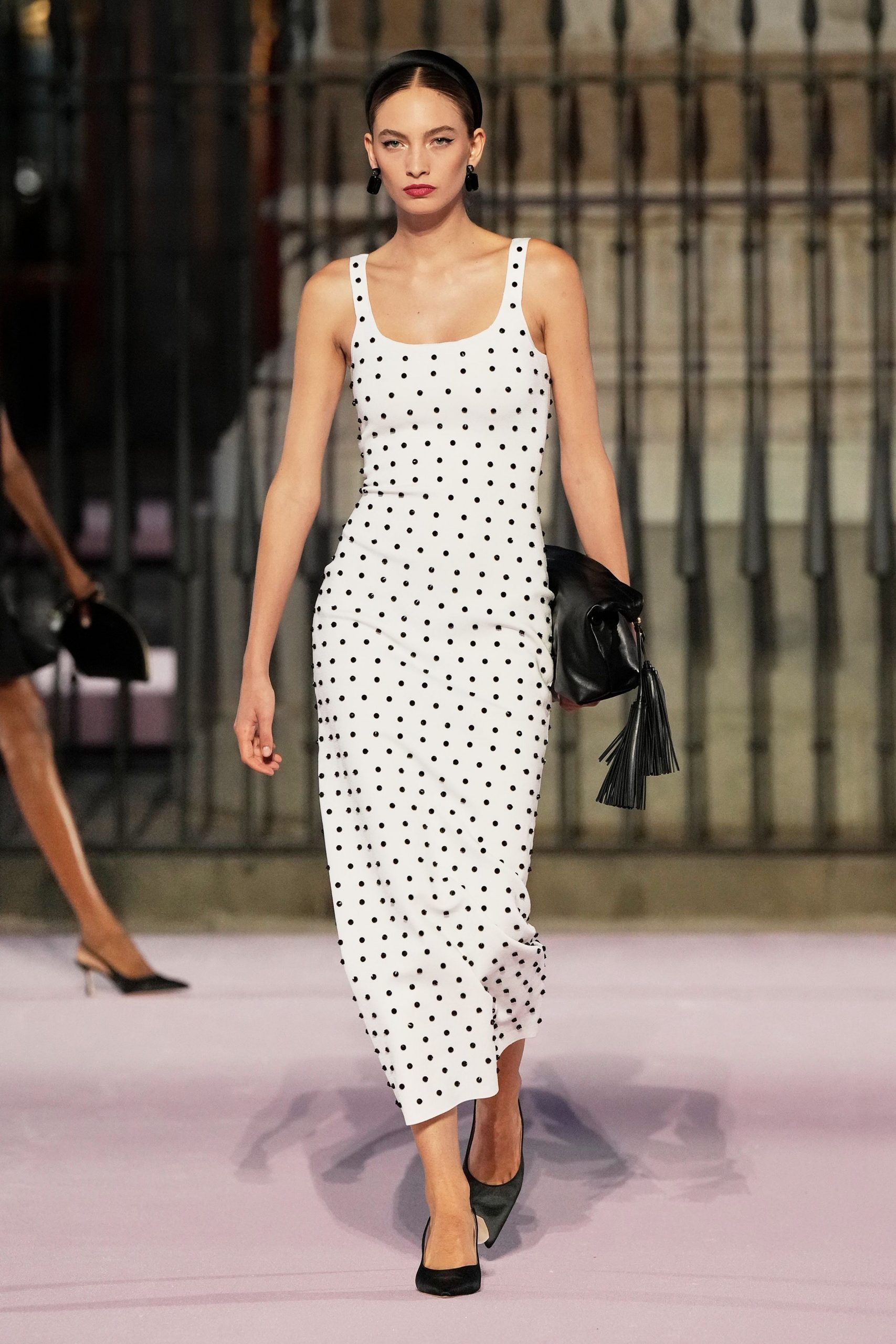 white polka-dot midi dress