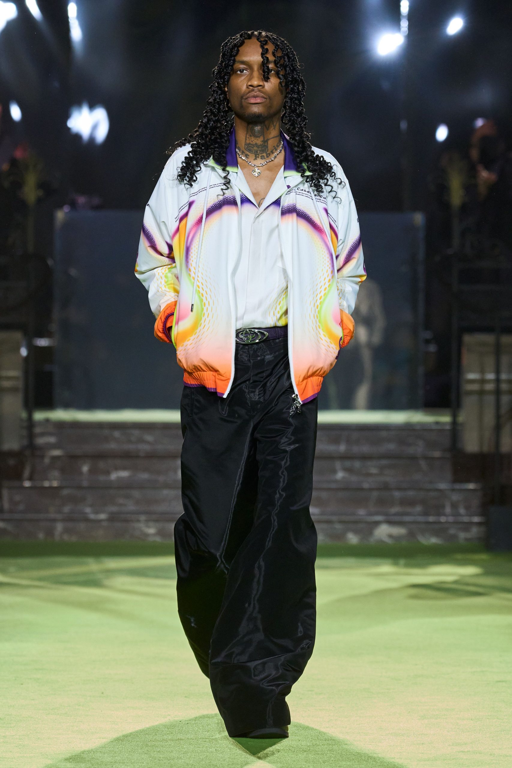 color-blocked jacket with relaxed pants