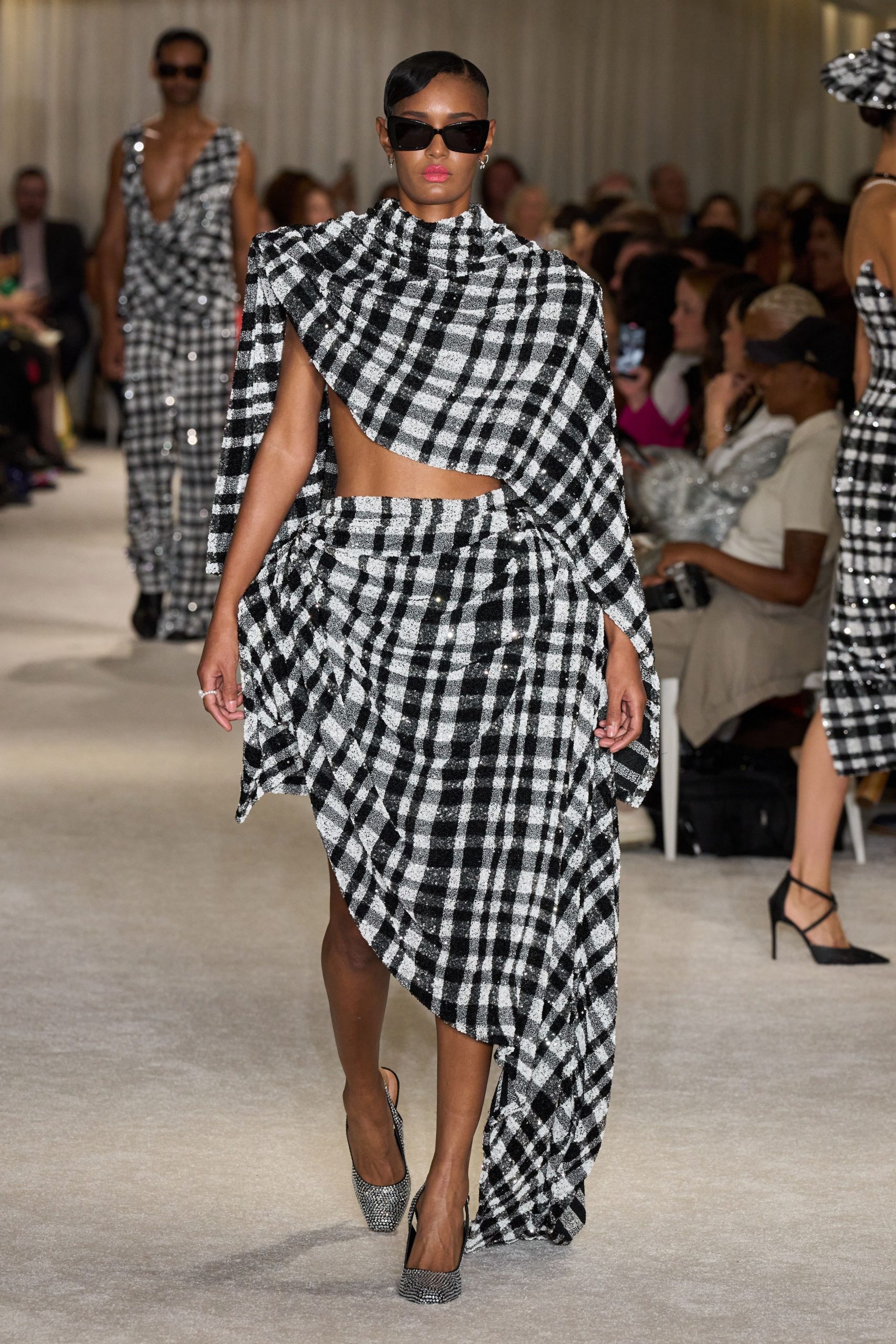 black and white checked crop-top and skirt
