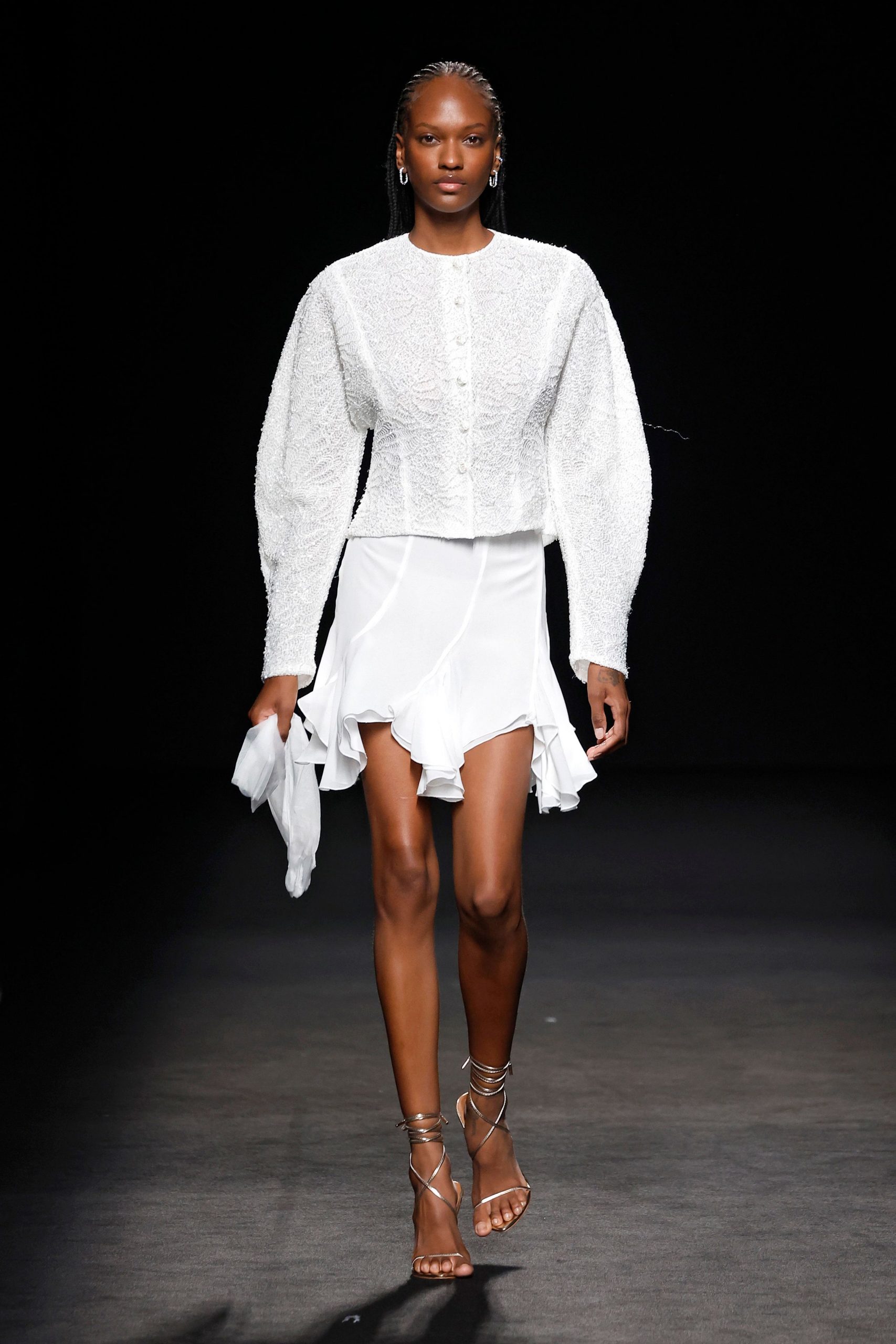 white cotton long-sleeve collared fitted ruffled blouse