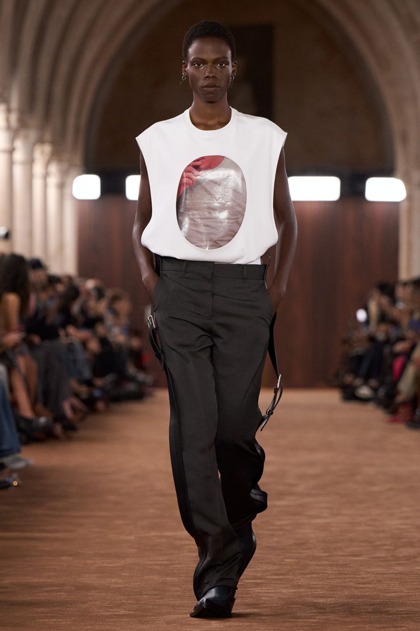 white t-shirt black tailored pants