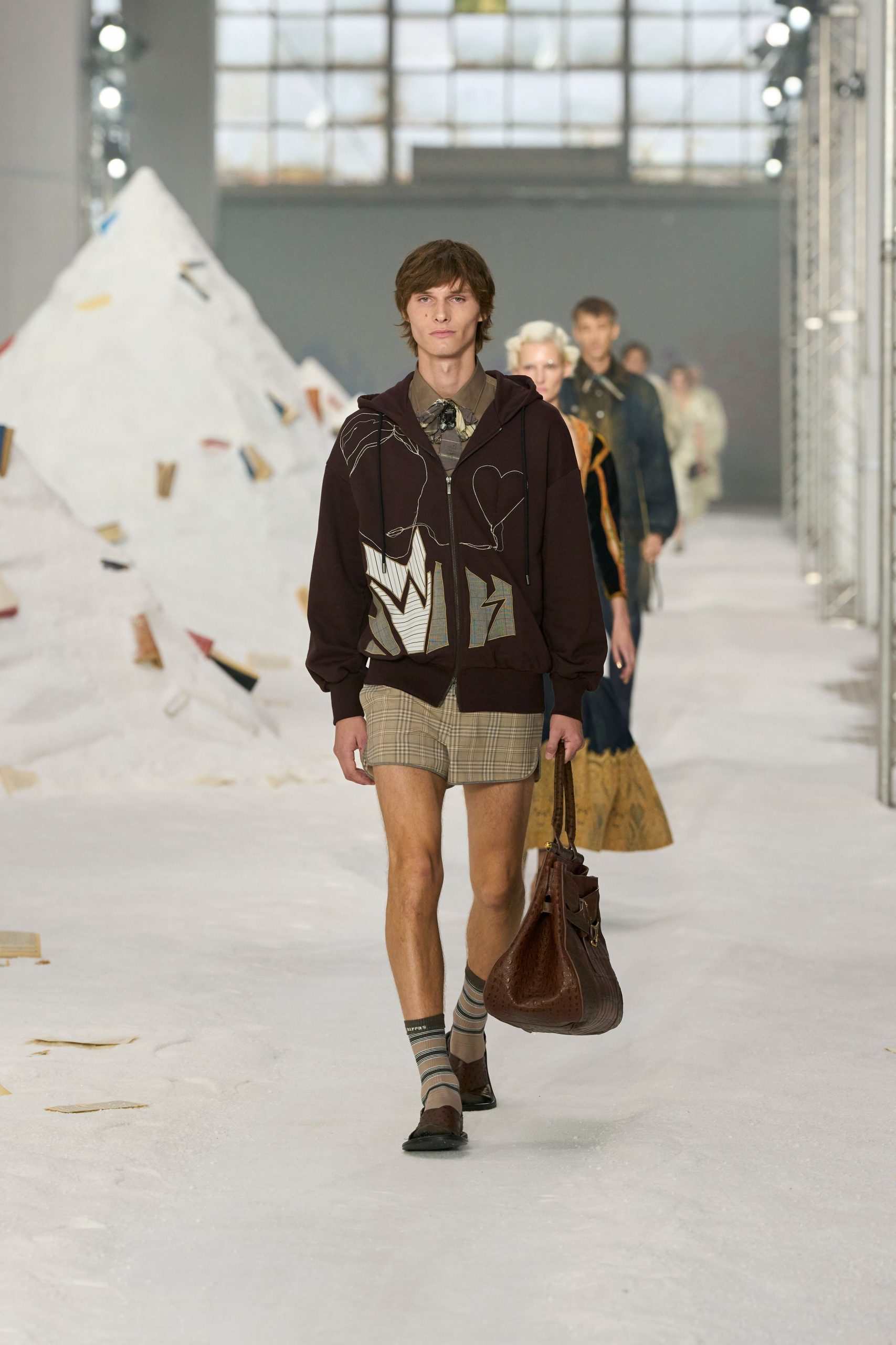 brown hoodie with checked shorts
