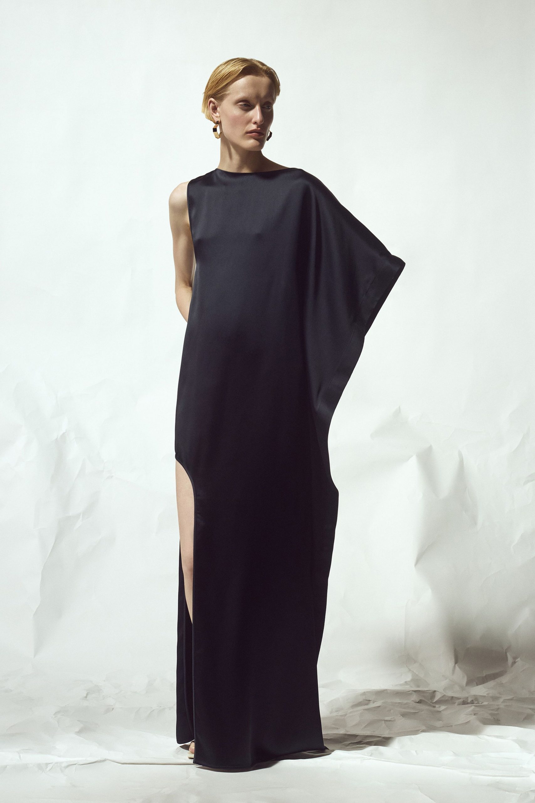 black silk sleeveless gown