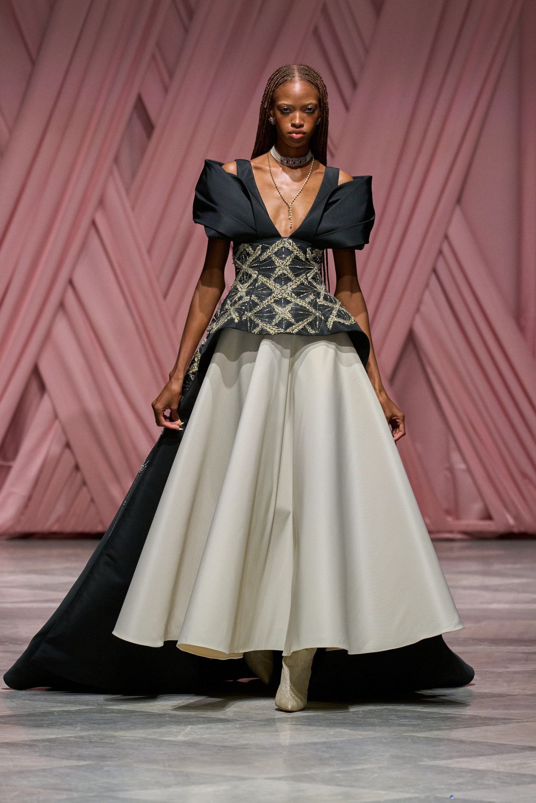 black and white pleated gown