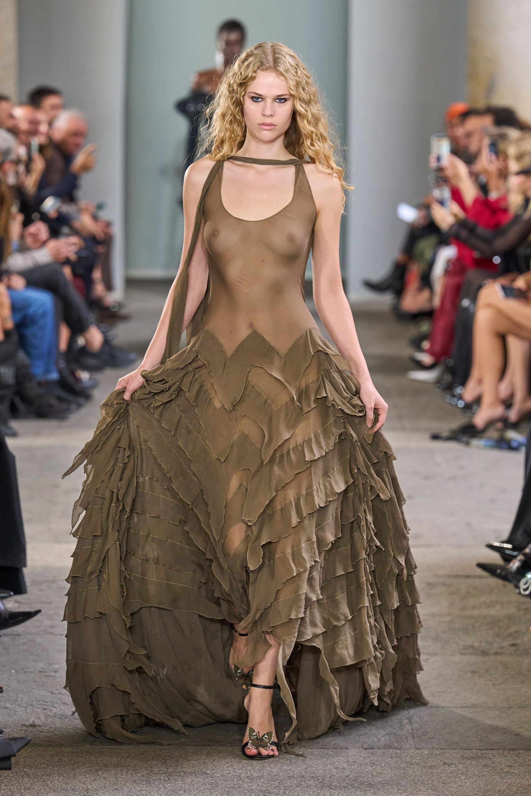 brown layered chiffon gown