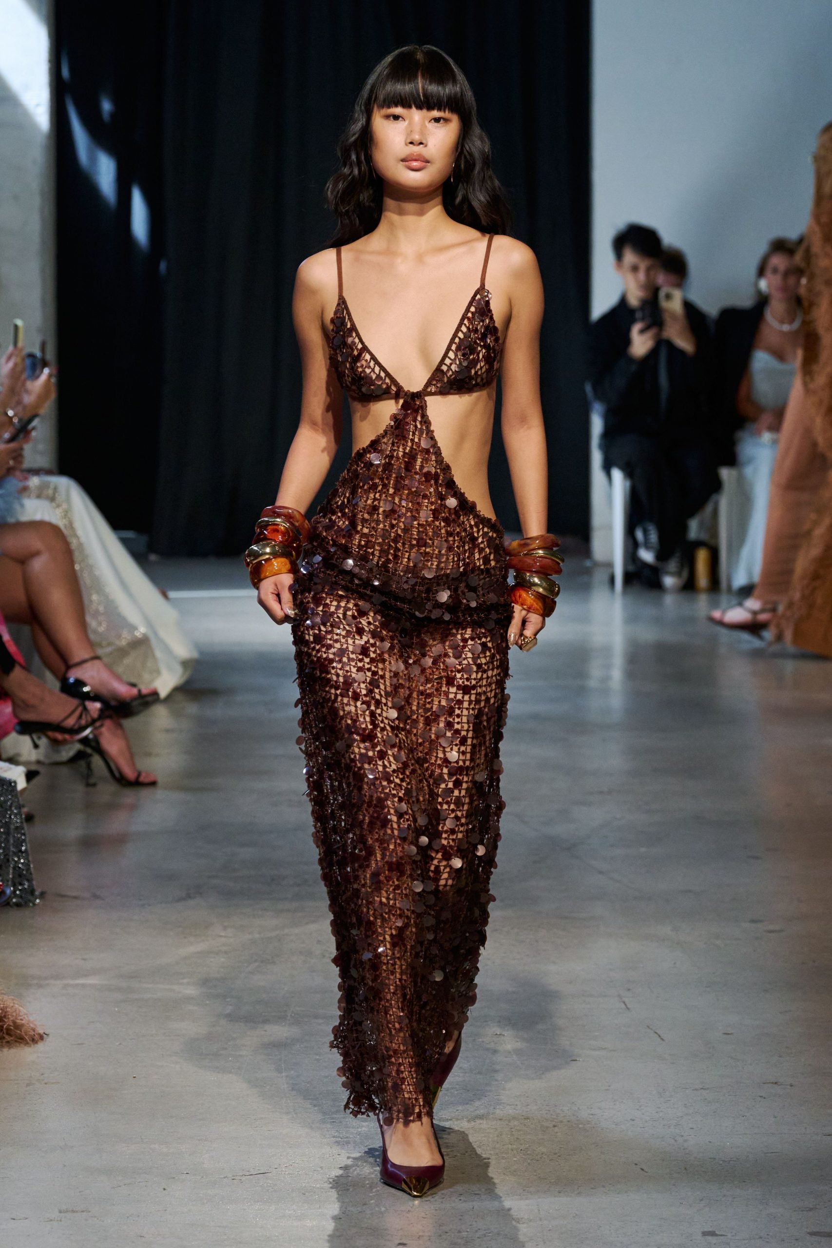 brown sequin sleeveless v-neck fitted layered shiny gown