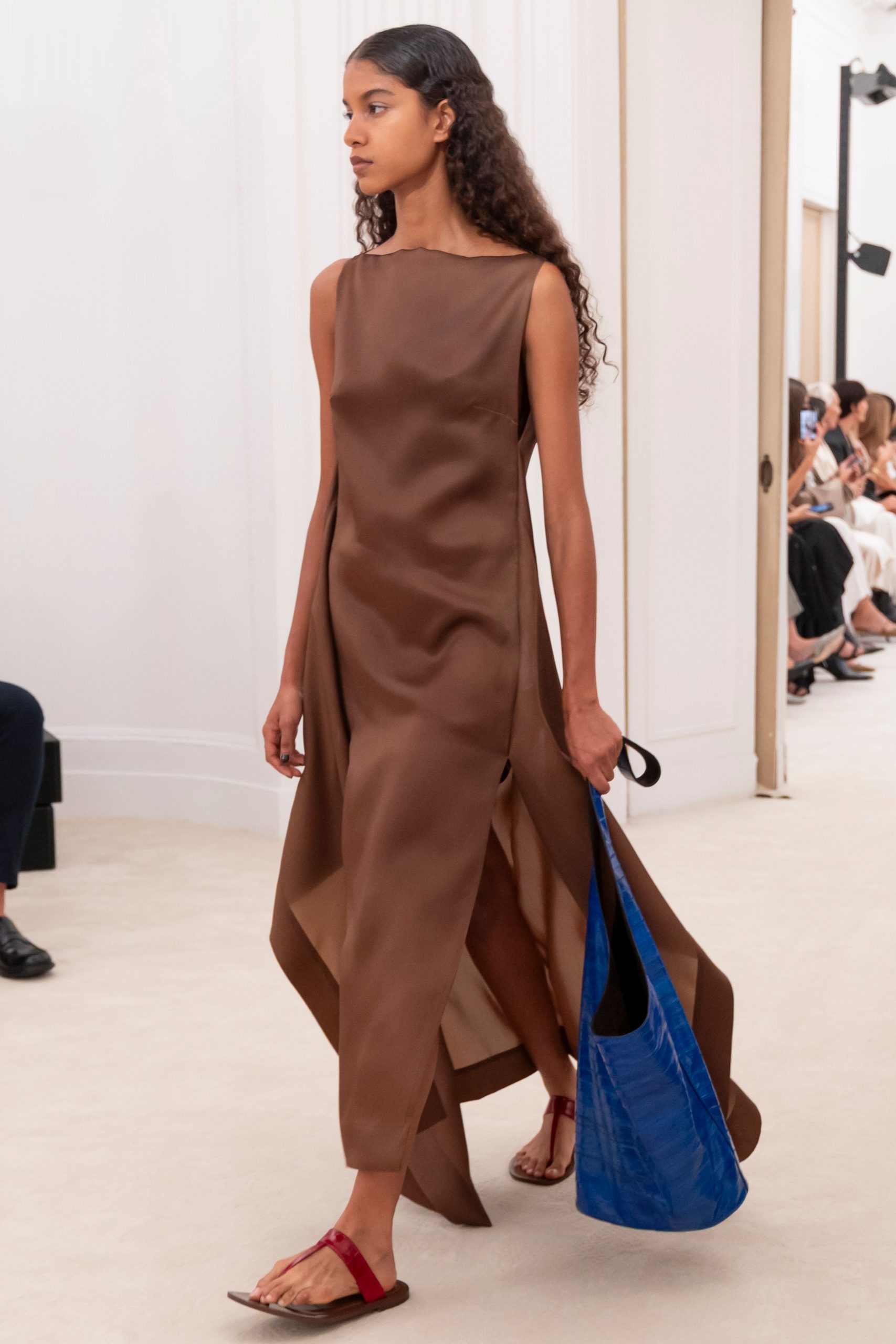 brown silk asymmetric midi dress