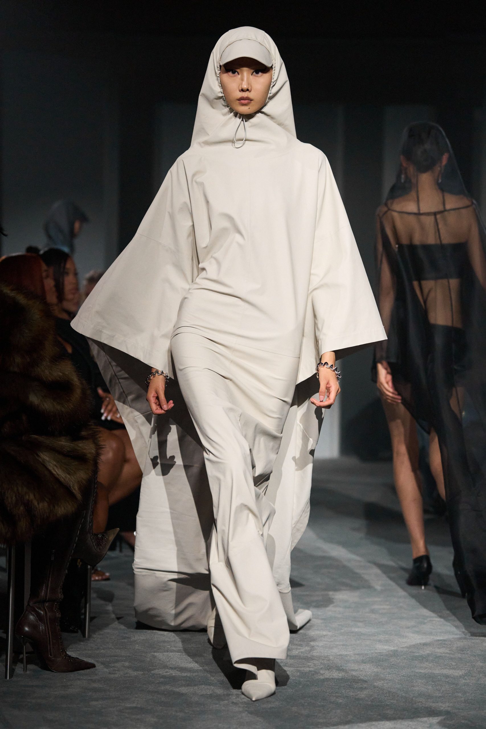white cotton long-sleeve hooded fitted layered maxi dress
