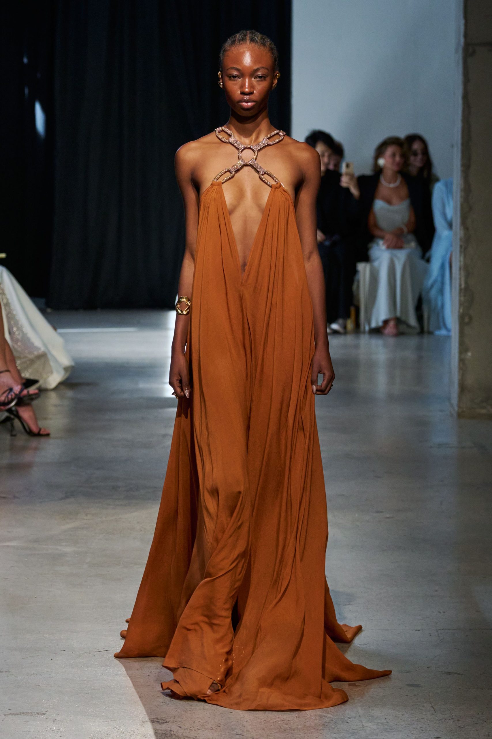 brown silk sleeveless gown