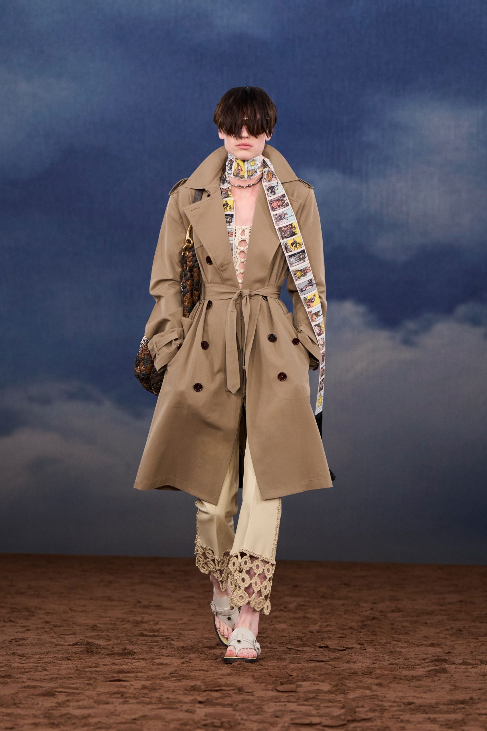 beige trench coat with multi scarf