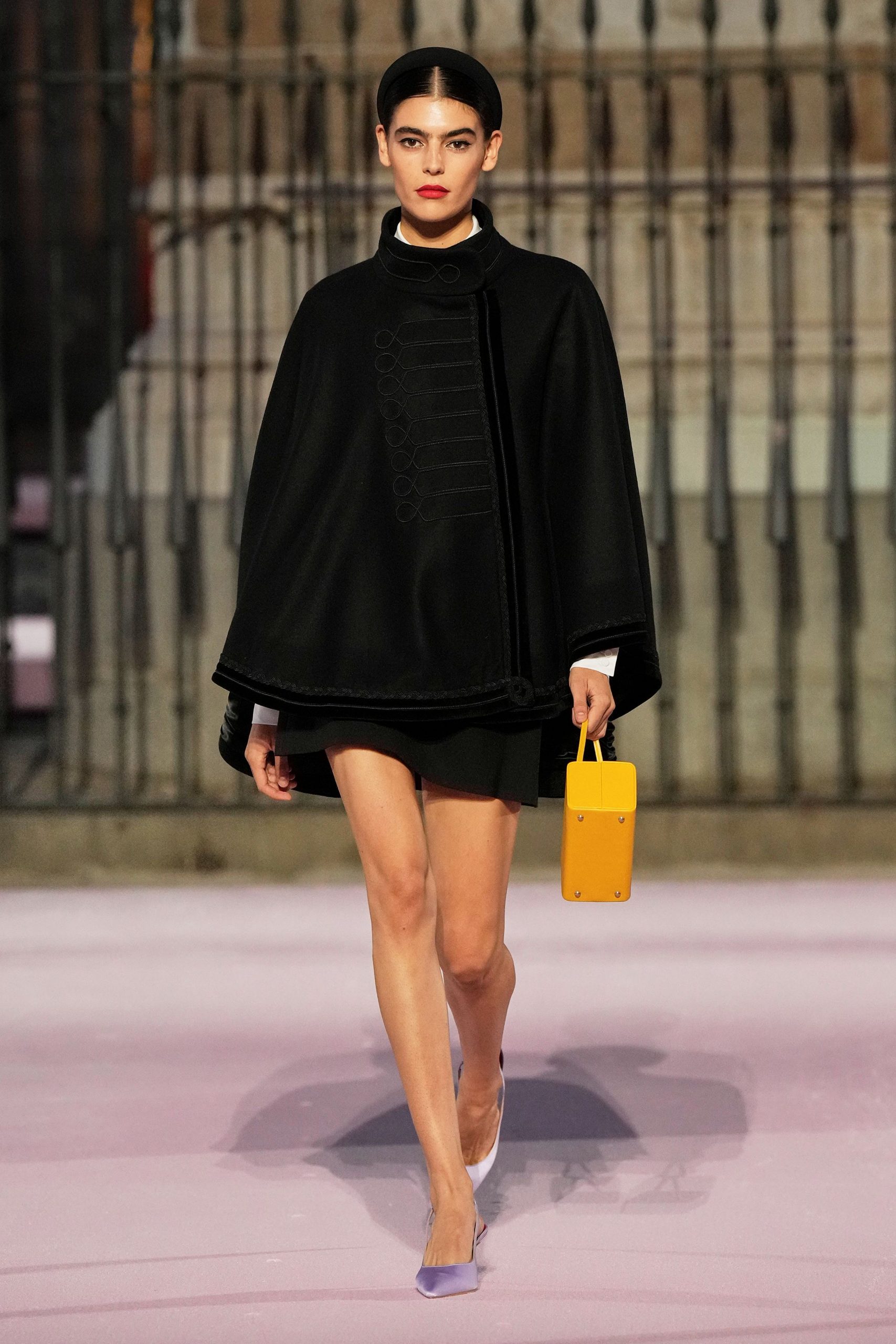 black wool long-sleeve structured buttoned cape