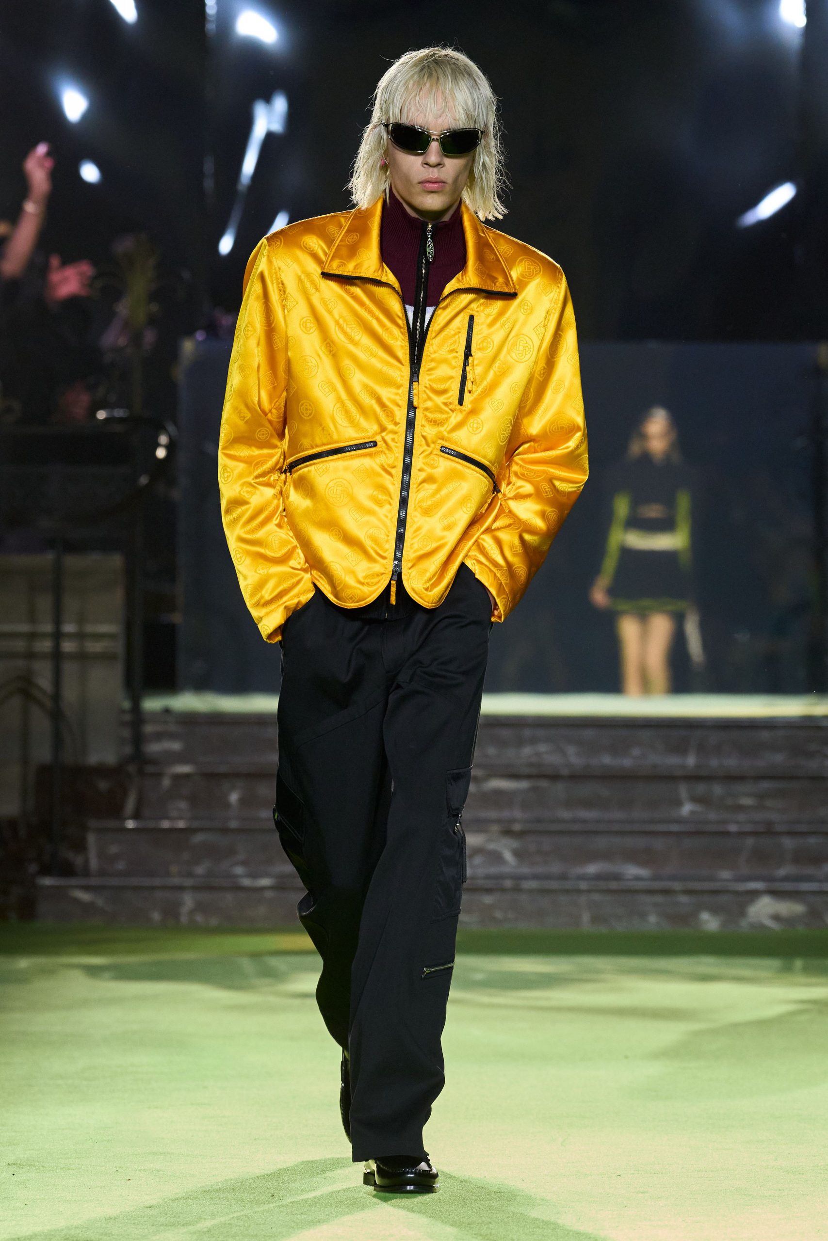 yellow satin long-sleeve collared relaxed zippered shiny jacket