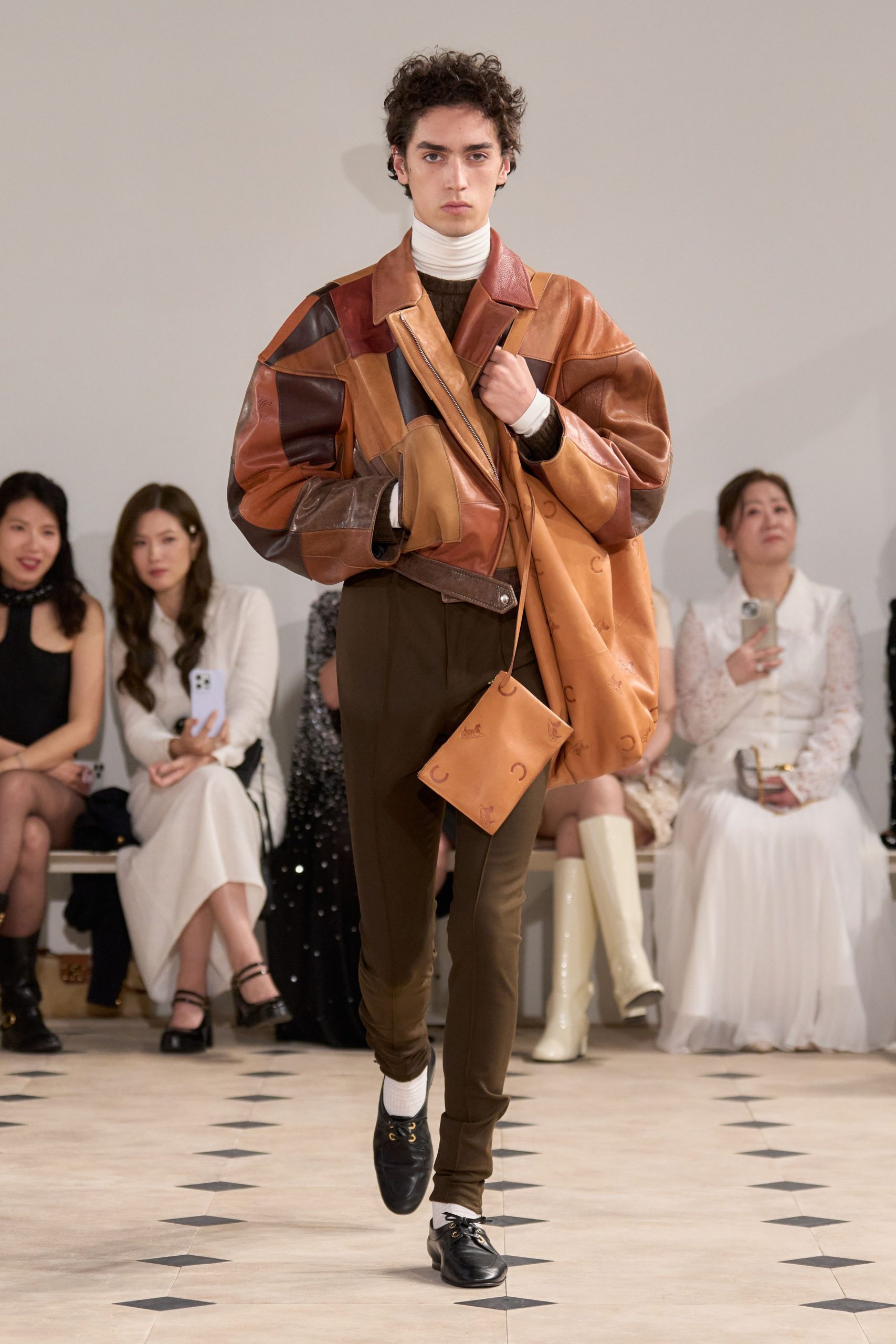 brown leather long-sleeve oversized color-blocked jacket