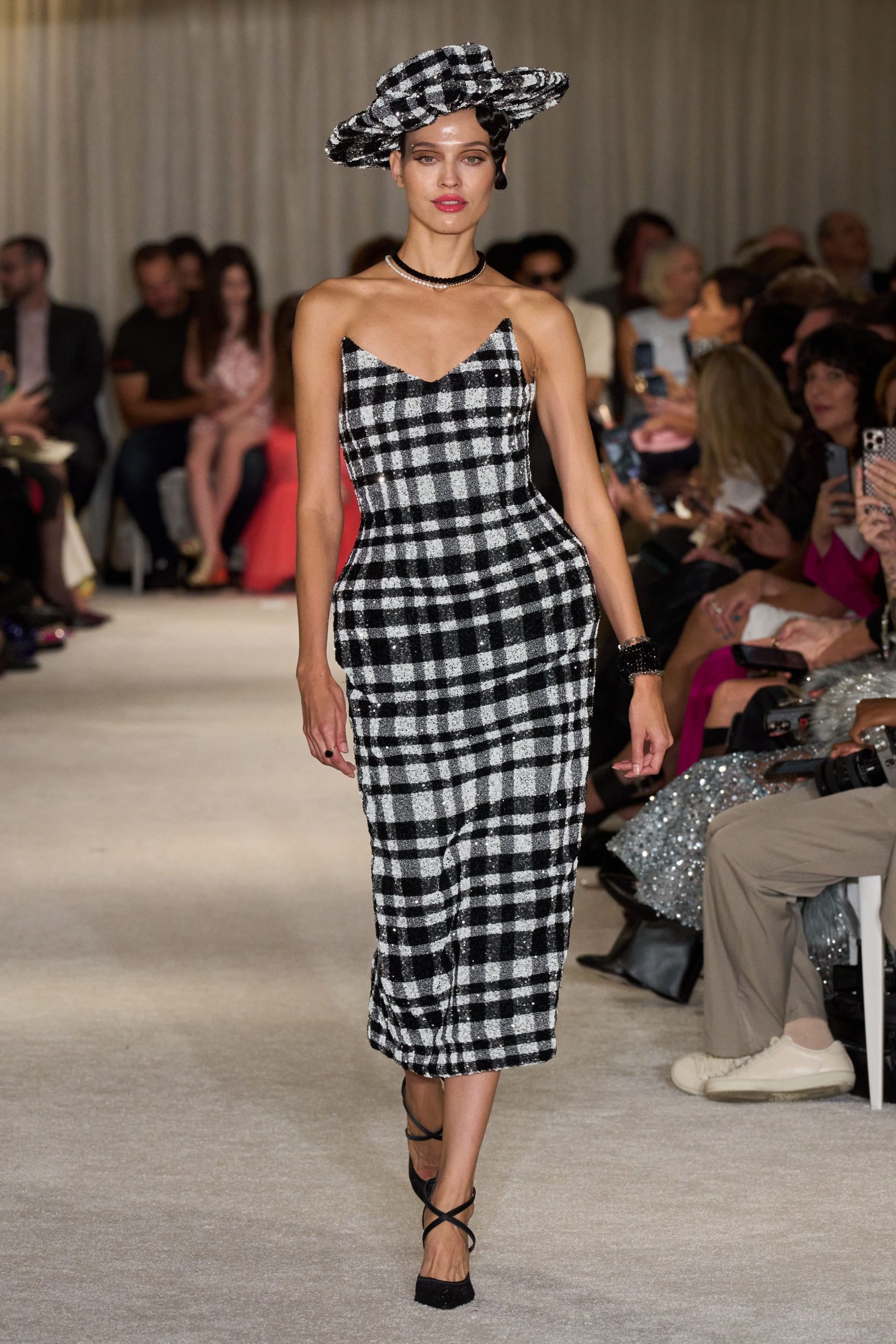 black and white checked midi dress