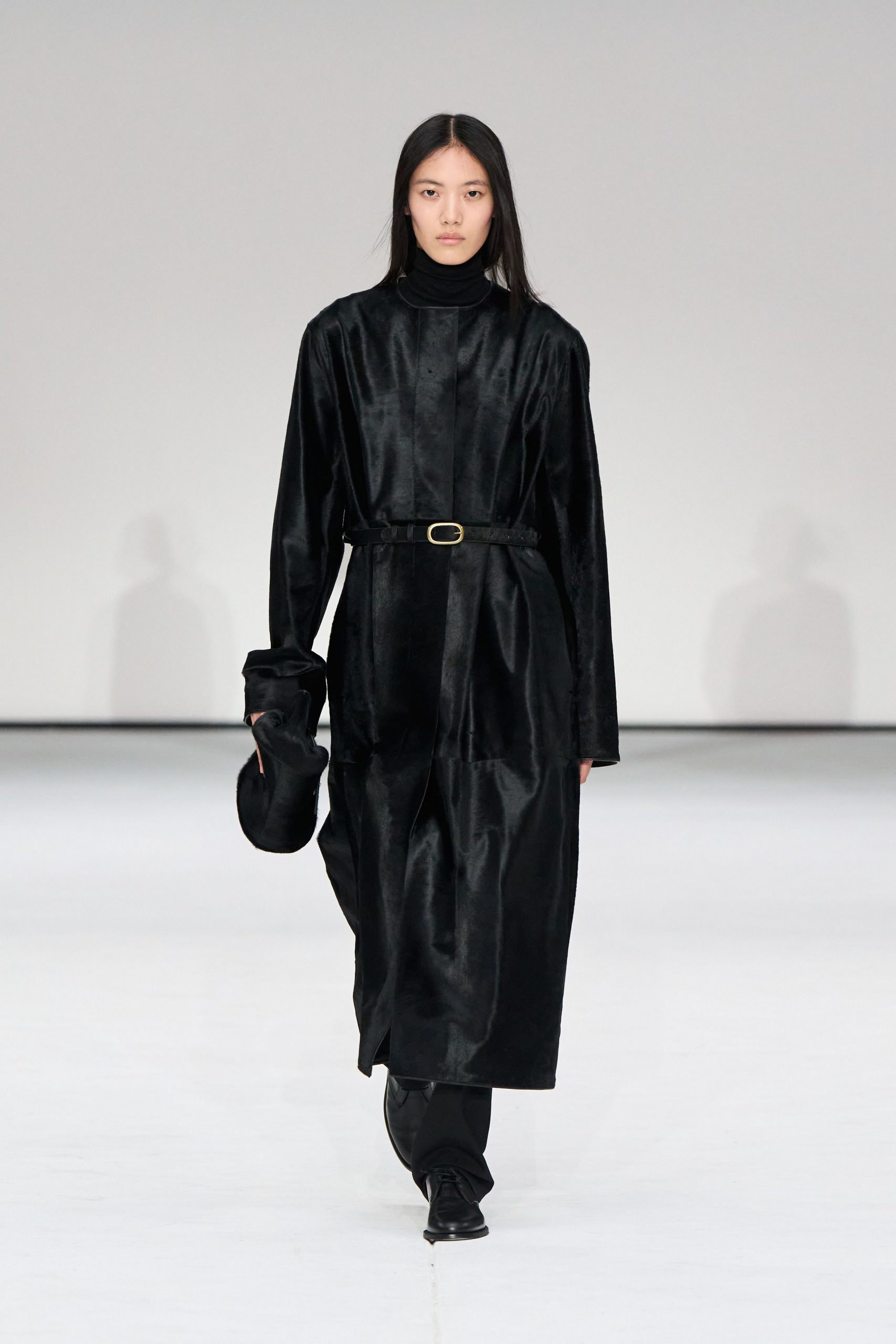 black velvet long-sleeve high-neck relaxed belted midi coat