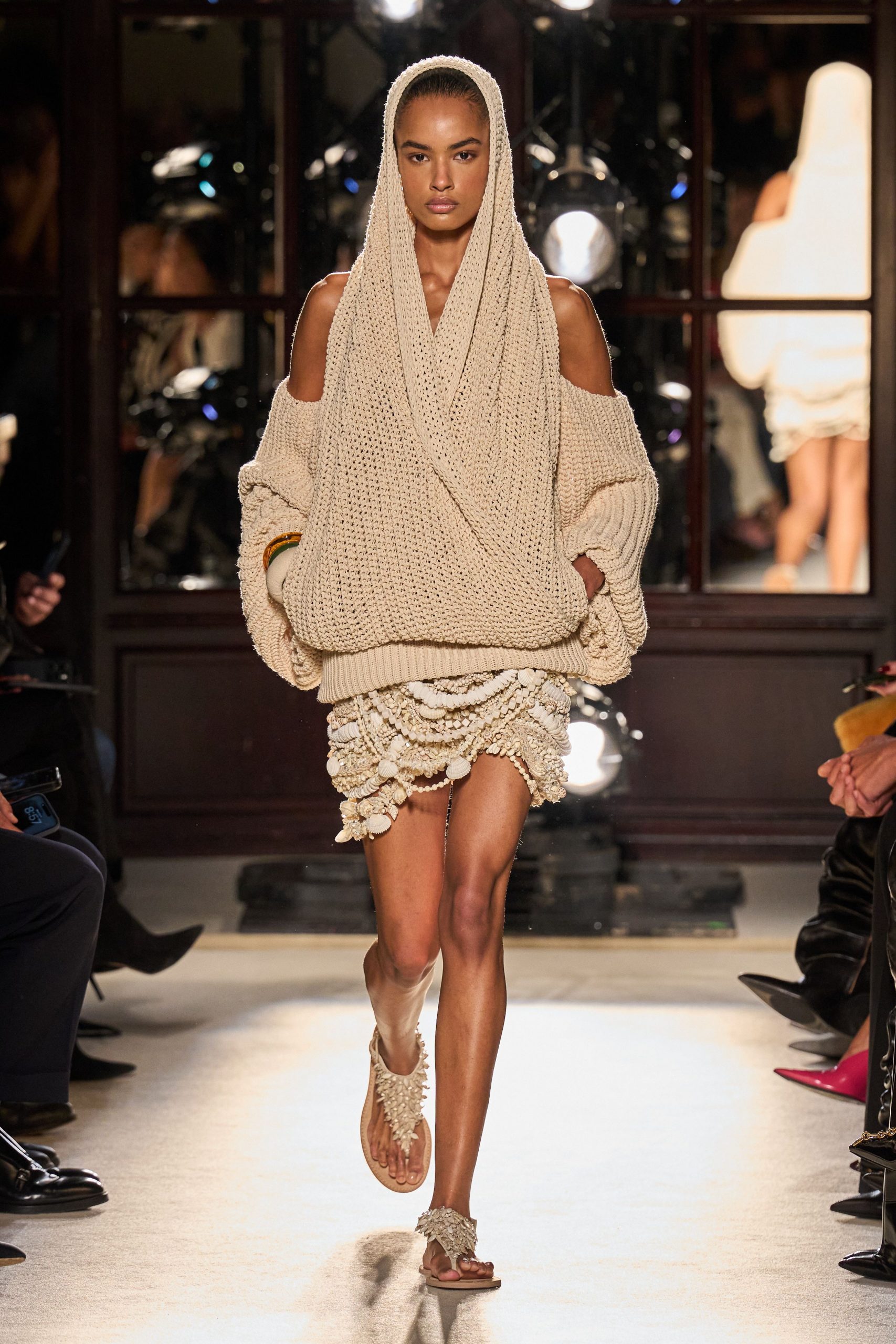 beige knit long-sleeve off-shoulder oversized textured sweater