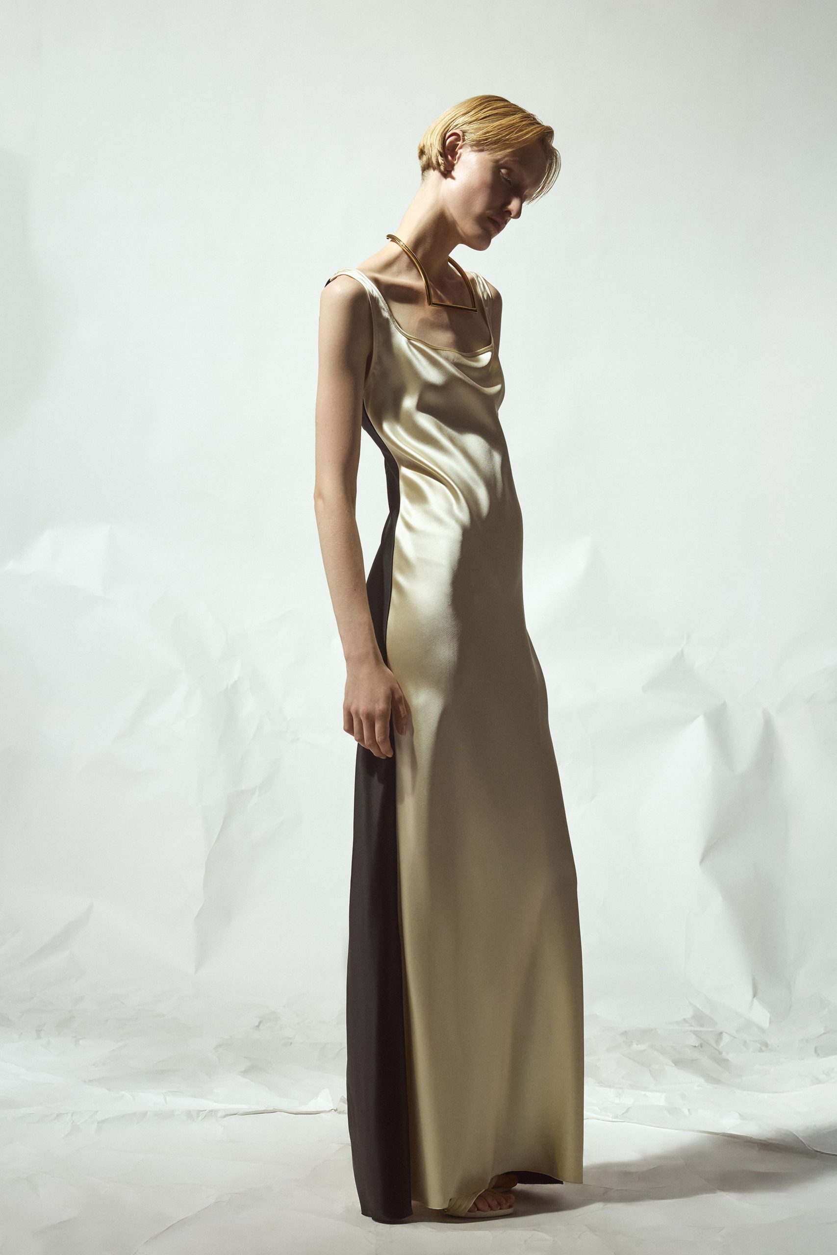 black and ivory silk gown