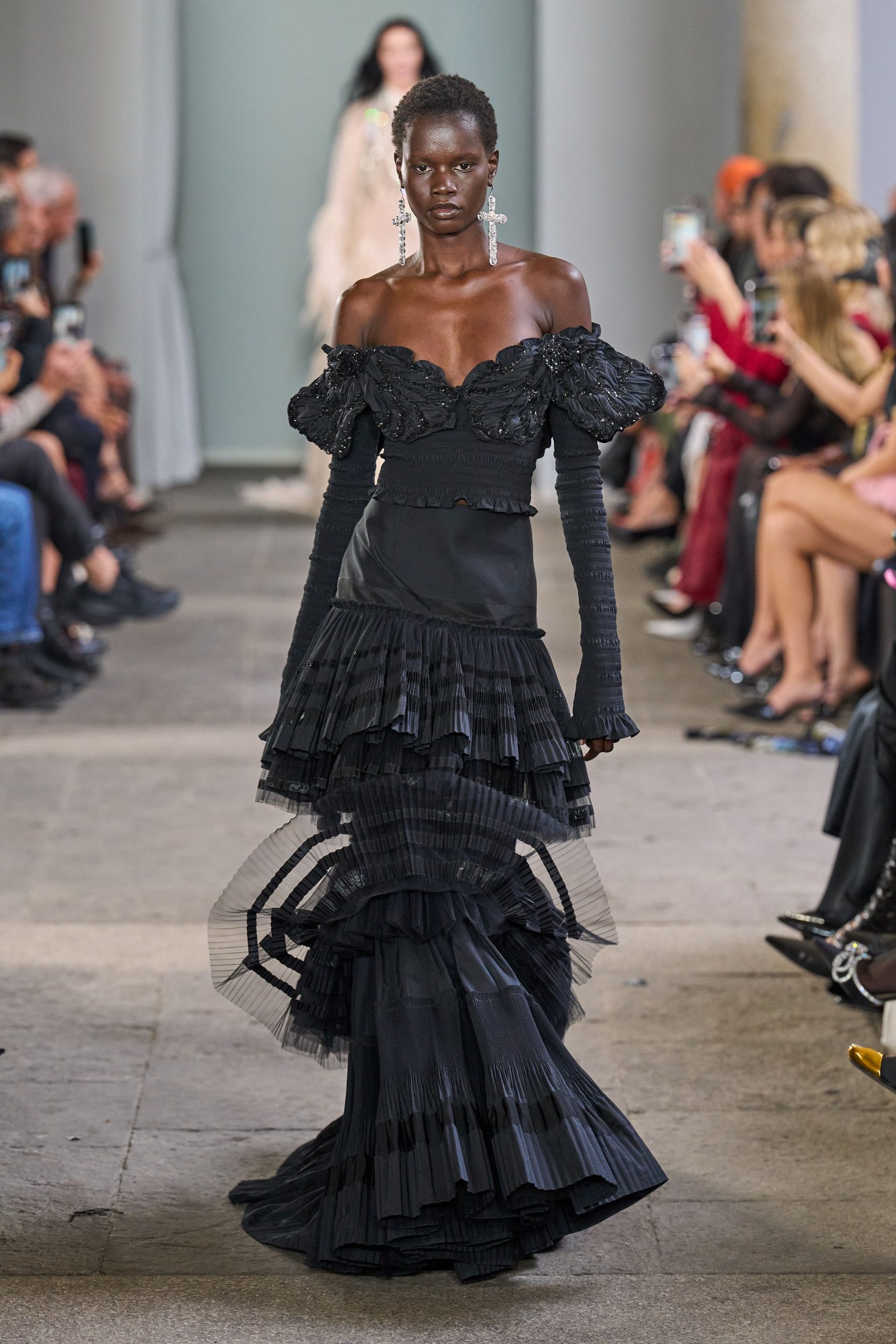 black silk off-shoulder gown