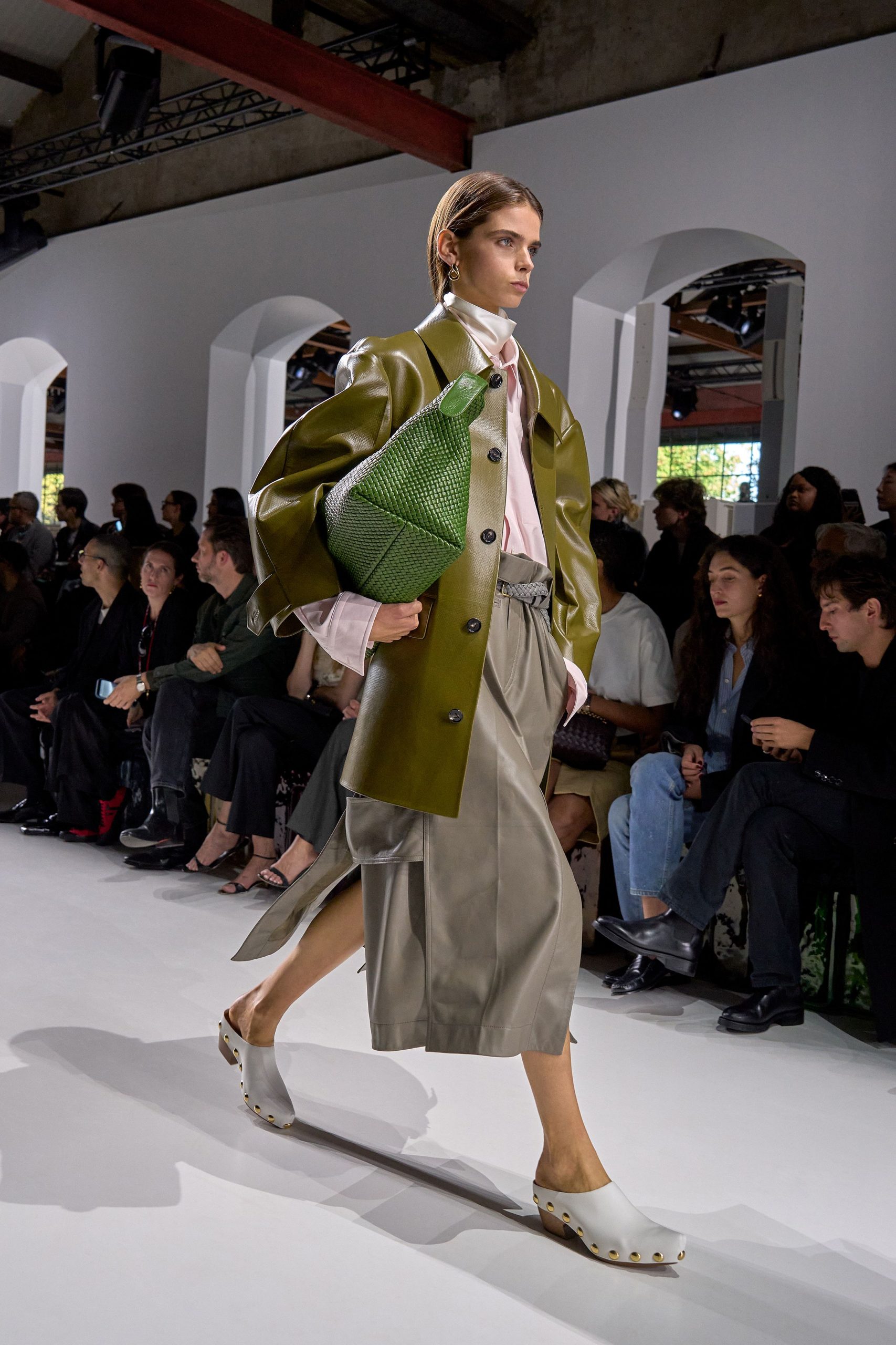 green leather structured textured bag