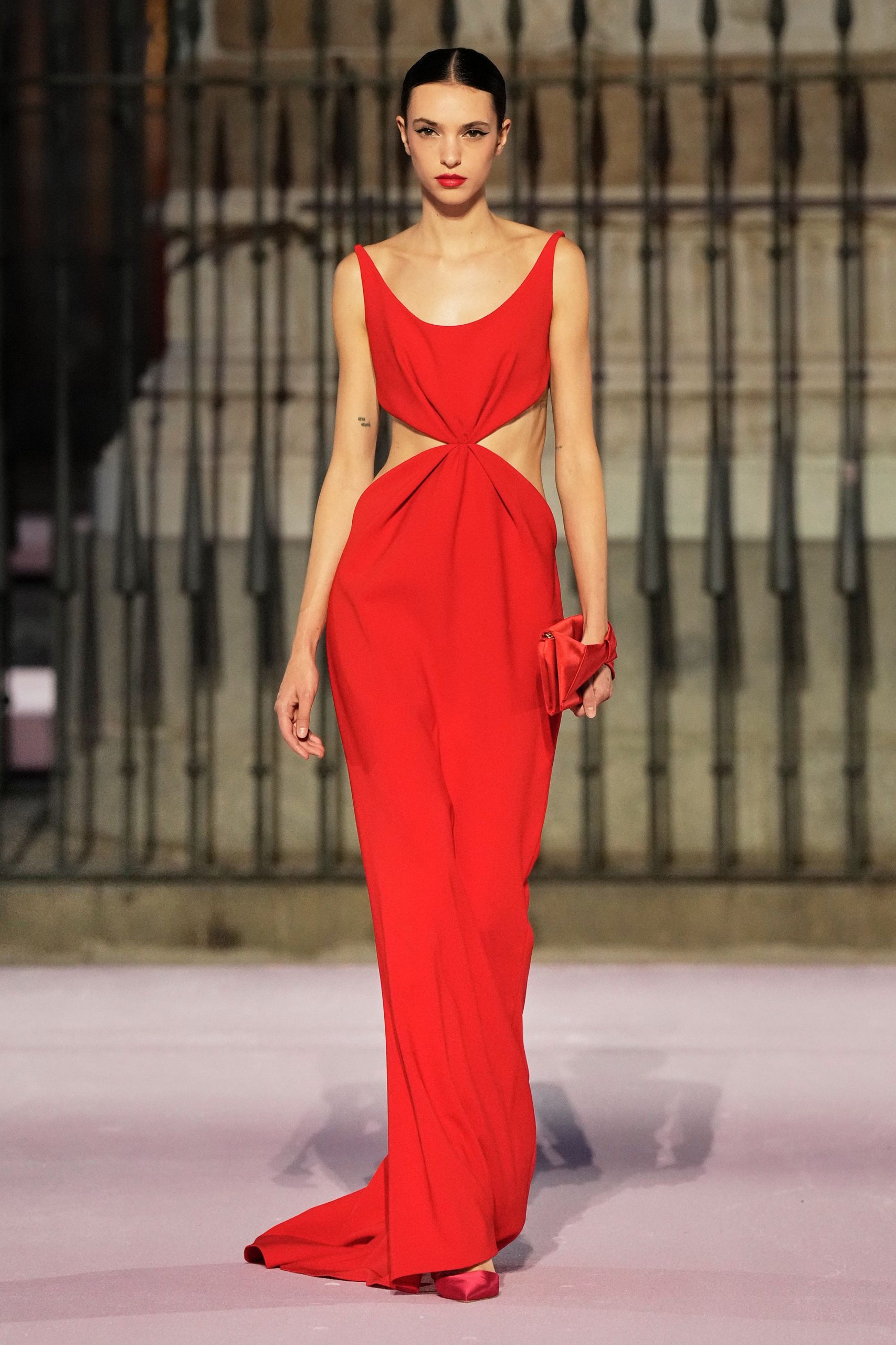 red silk sleeveless gown