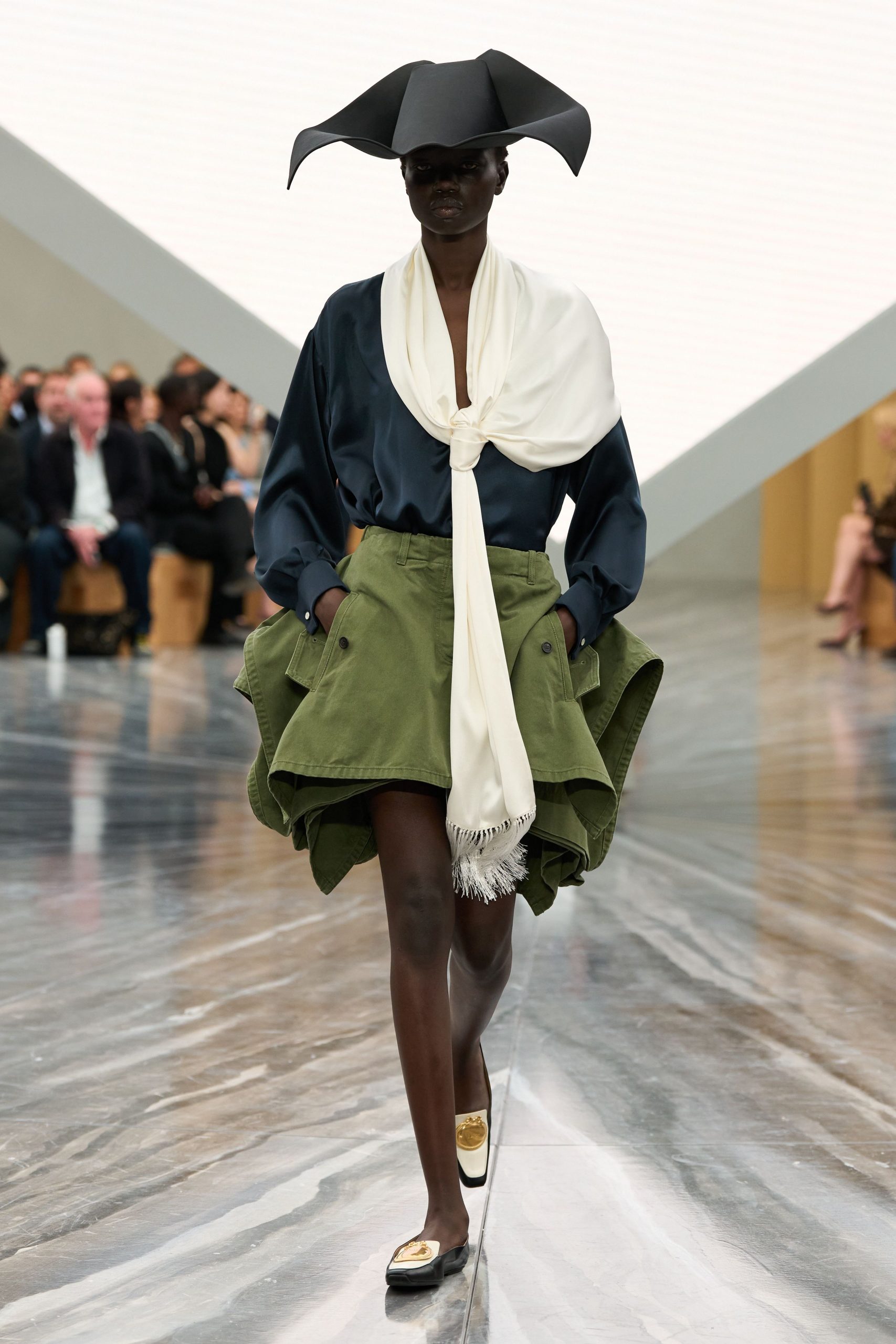 navy blouse green tiered skirt
